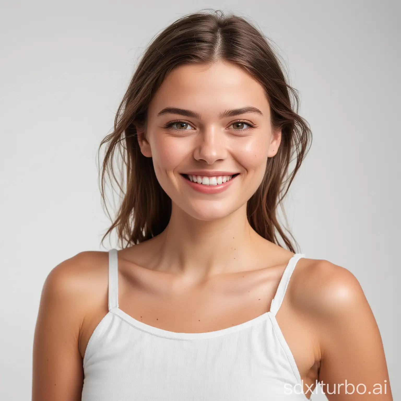 A model standing in front of a white background. The model is looking at the camera and smiling.