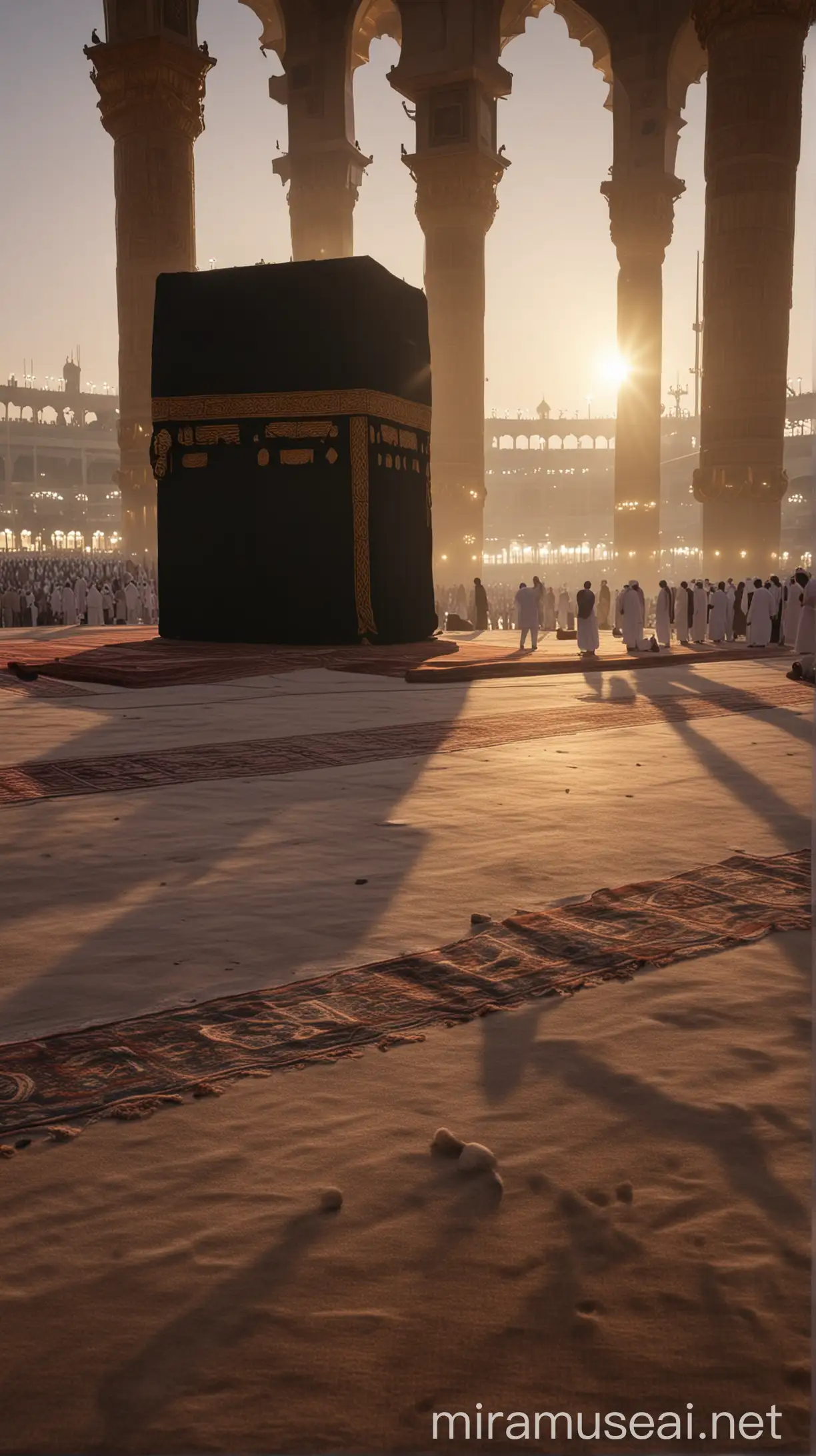 a man prayer to allah Salah: The silhouette of believers bowing in unison towards the Kaaba, their faces glowing in the soft light of dawn, as their prayers soar heavenward. 
D and 4K