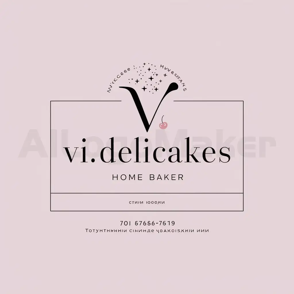 a logo design,with the text "vi.delicakes", main symbol:create a minimalist business card for the home baker named: vi.delicakes leave space for phone number accent on desserts the card should reflect that I am a confectioner who makes desserts with soul language: Russian (if words will be used),Minimalistic,be used in konдитерская industry,clear background