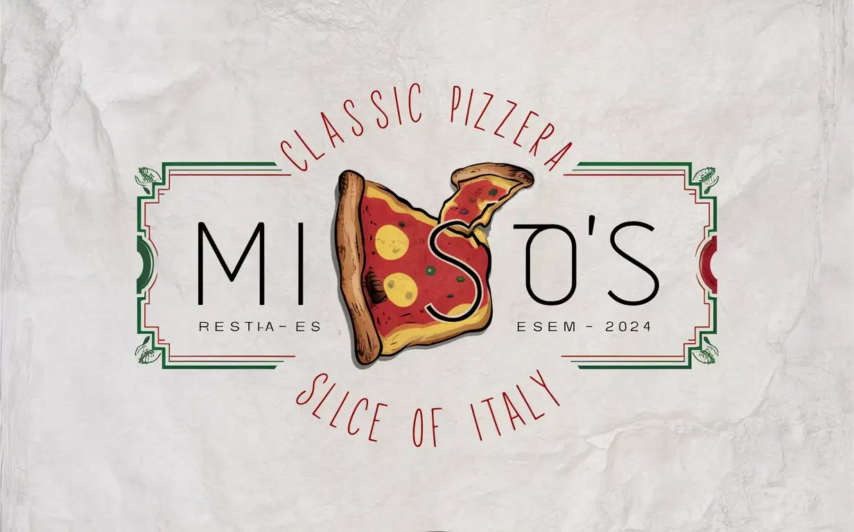 Misto's Pizzeria , Letter Mark , Minimal , Edge Decoration, Italian colors , Textured White Background , EST 2024 , Italy Flag , Vintage, Slogan, Slice of Italy, Italian City, Classic logo