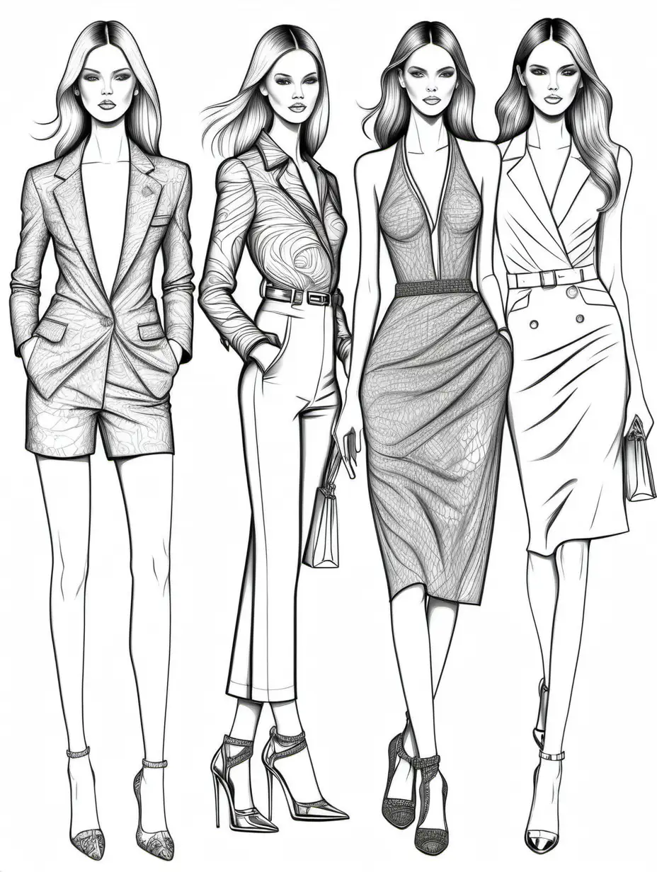 Fashion Models Showcasing Jimmy ChooInspired Outfits Stylish Coloring Page for Adults