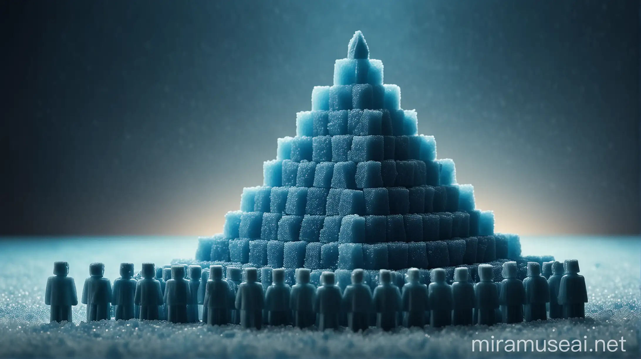 pyramid made of blue sugar cubes, blue colour only, cinematic blue light at background, with mini people made of wax standing on pyramid