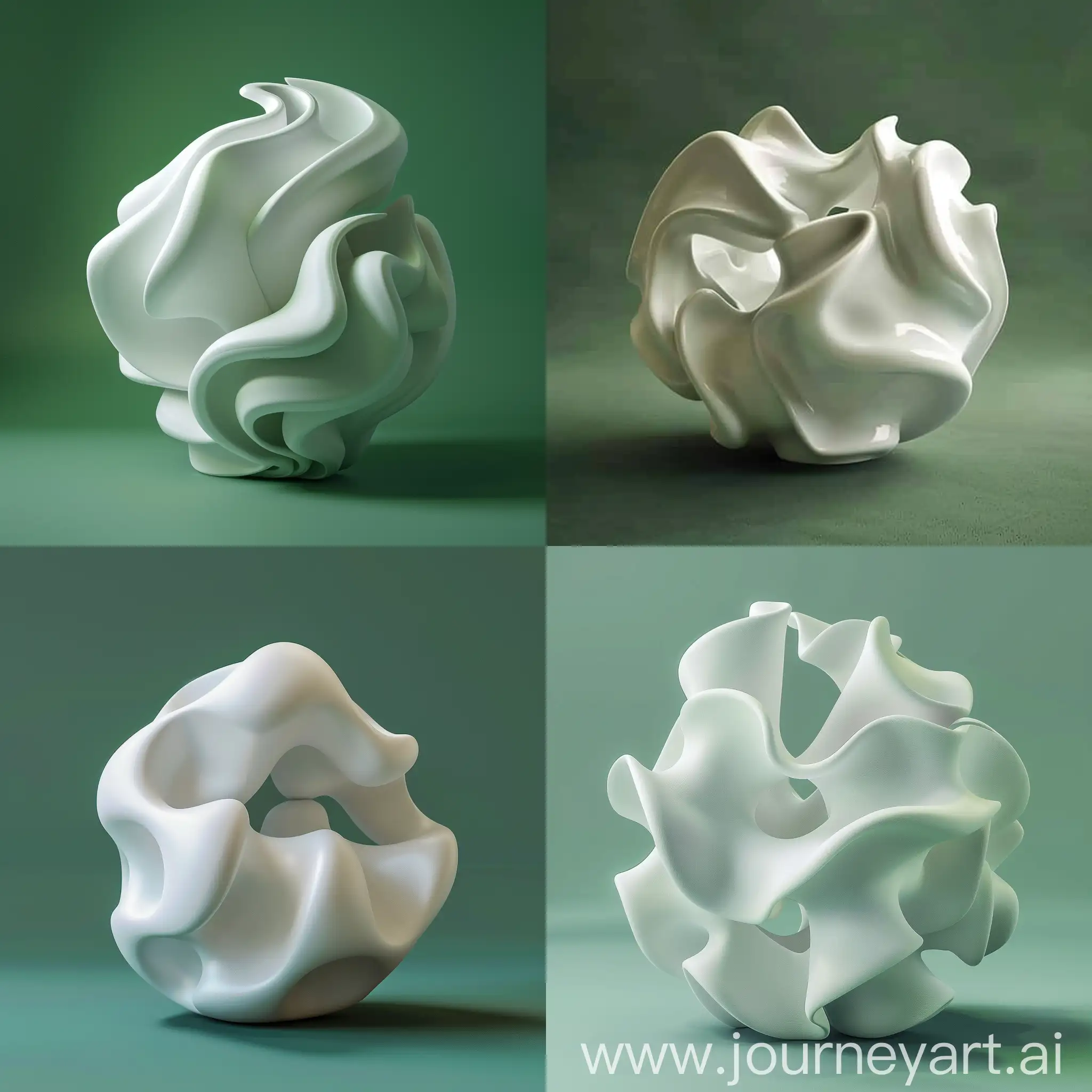 3d render with abstract black and white monochrome art piece of surreal sculpture in spherical organic curve wavy smooth and soft biological shape in white matte ceramic material on solid green background,