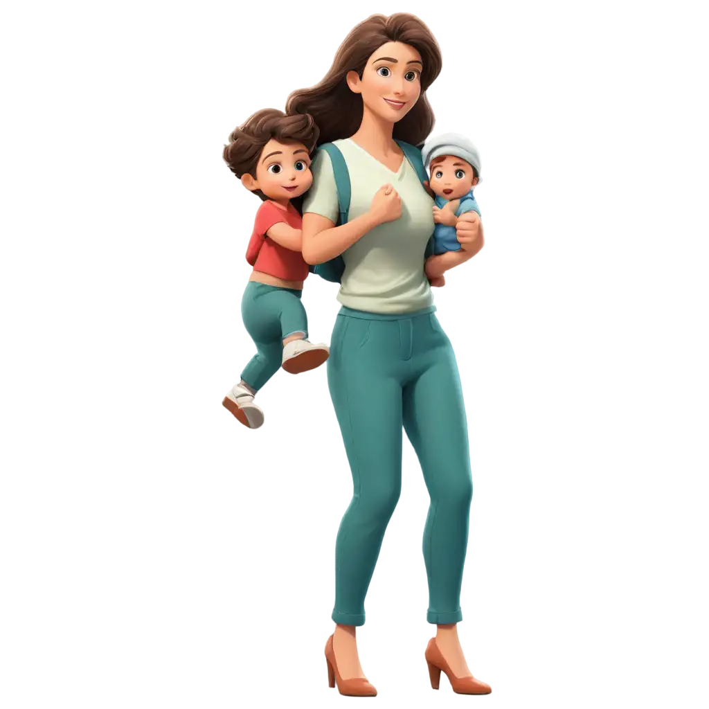 Strong-Mother-Carrying-Two-Kids-on-Her-Back-Cartoon-PNG-Image