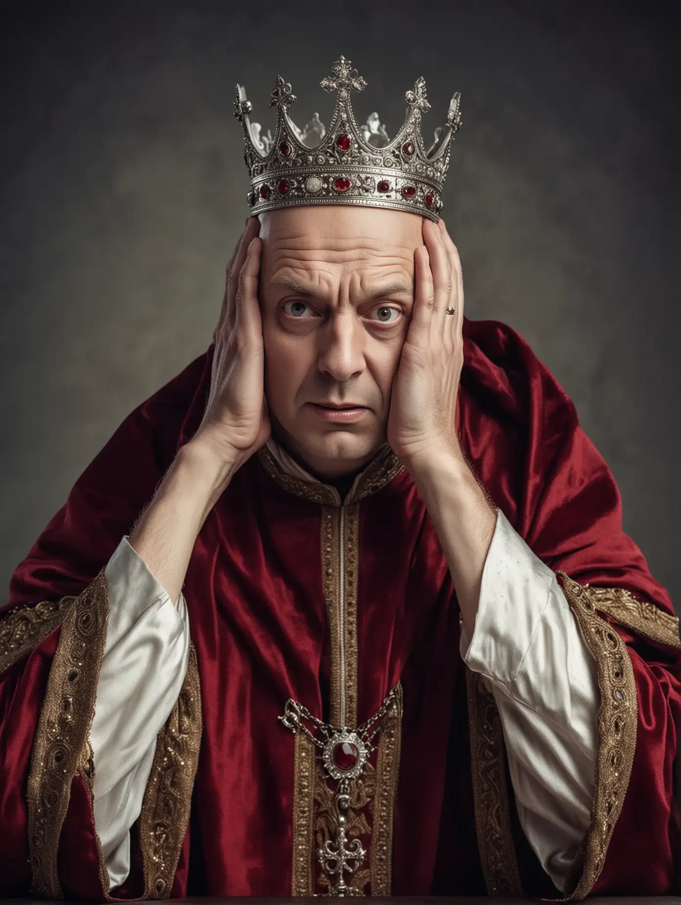 shocked bald medieval king clutching his head with both hands, silver crown, maroon robe
