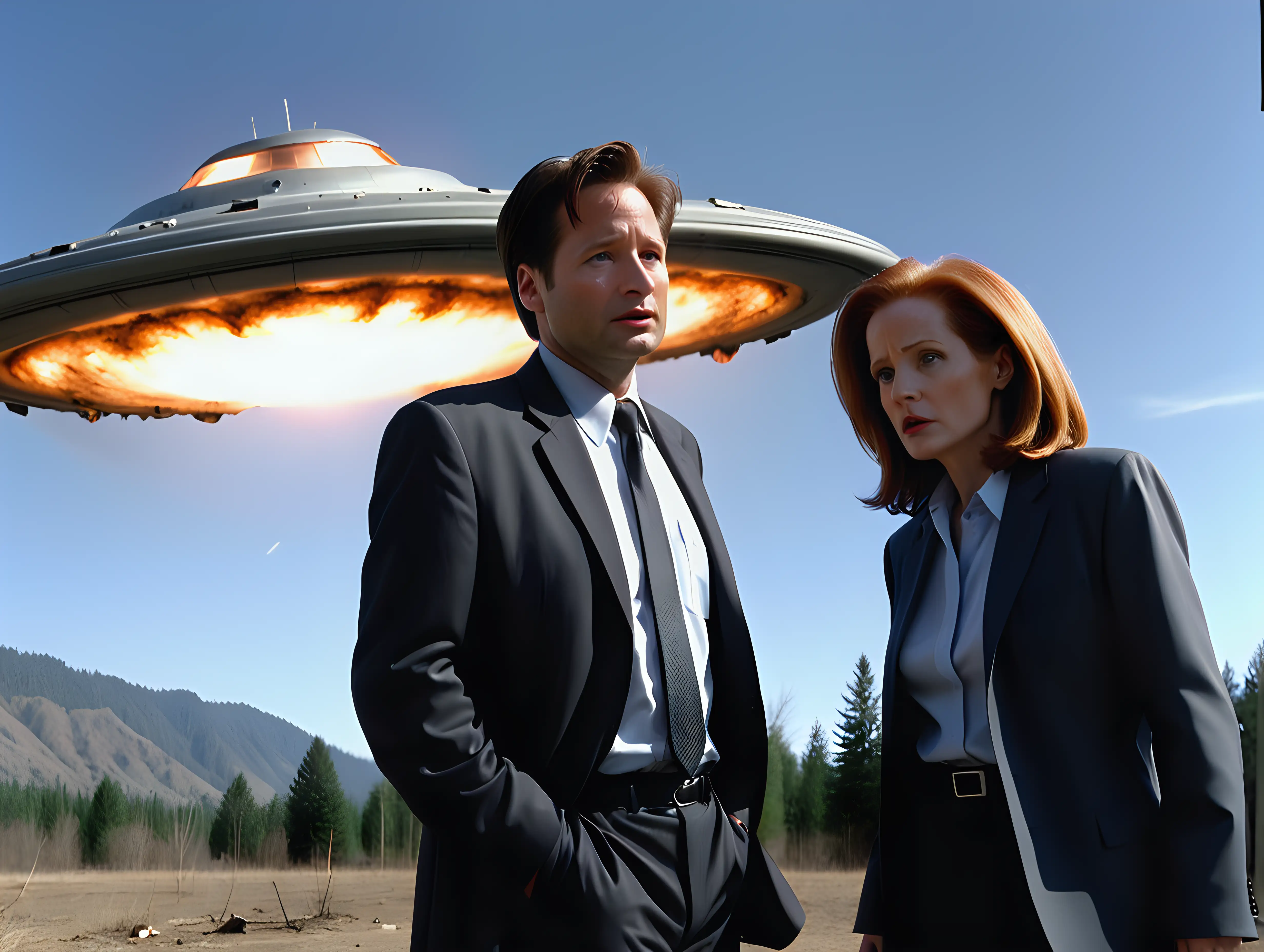 Investigators Mulder and Scully Examining UFO Crash Site