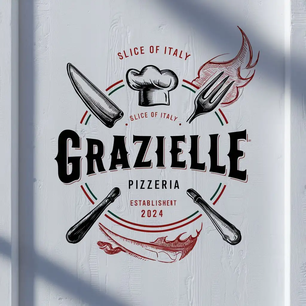 GRAZIELLA Pizzeria logo, Italian colors, Crossed knife and fork, Sketched Chef's Hat, Slogan, Slice of Italy, EST 2024, White background, Unique Sketched Flaming decoration,