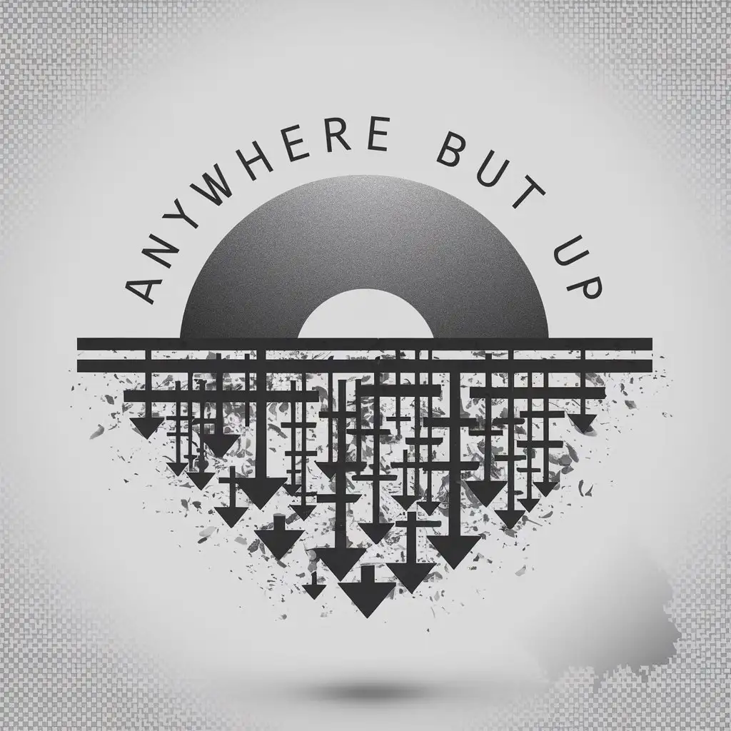a logo design,with the text "Anywhere but Up", main symbol:Greyscale half circle with chaotic random arrows pointing downwards,complex,clear background