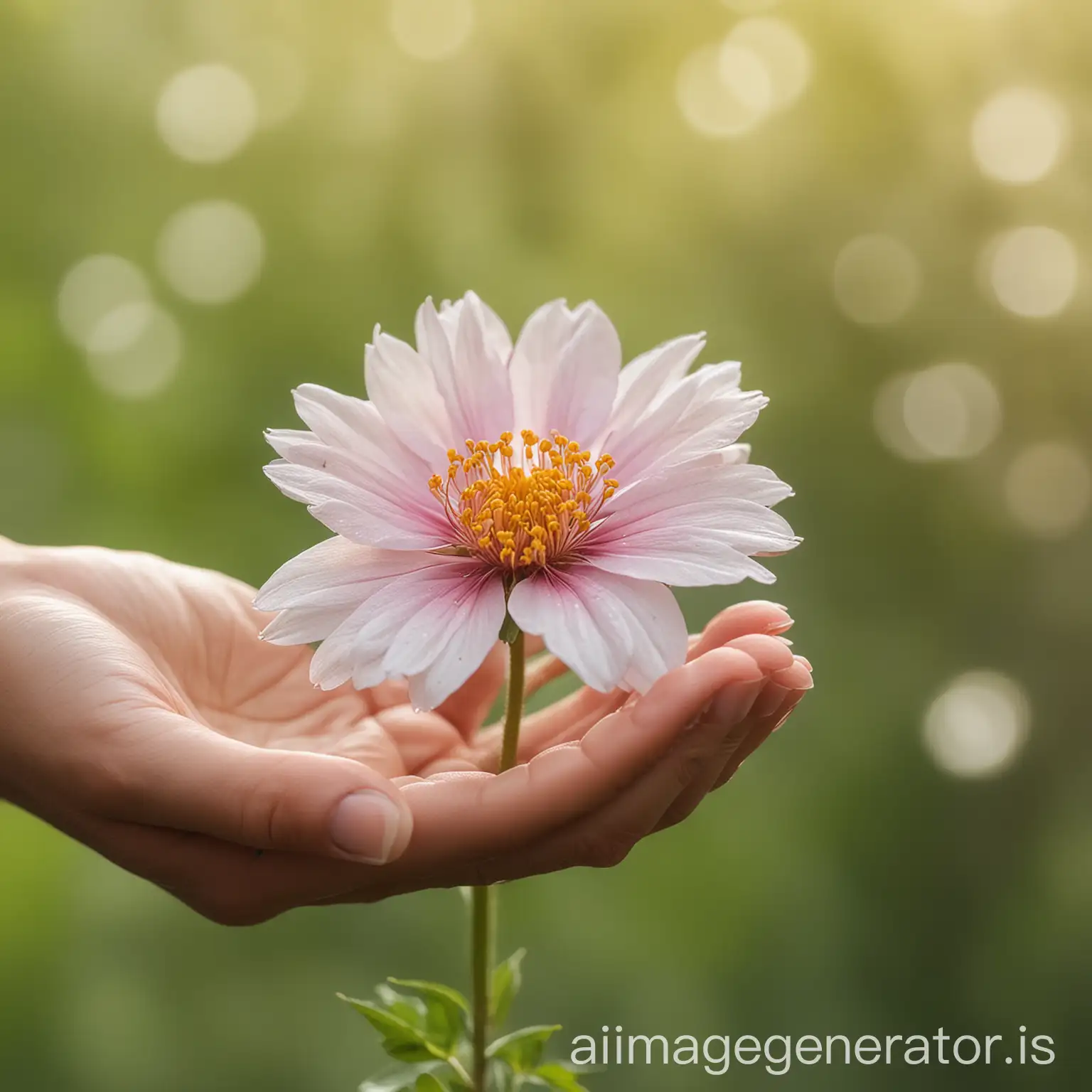 Closeup-Hands-Holding-Delicate-Flower-with-Blur-Nature-Background