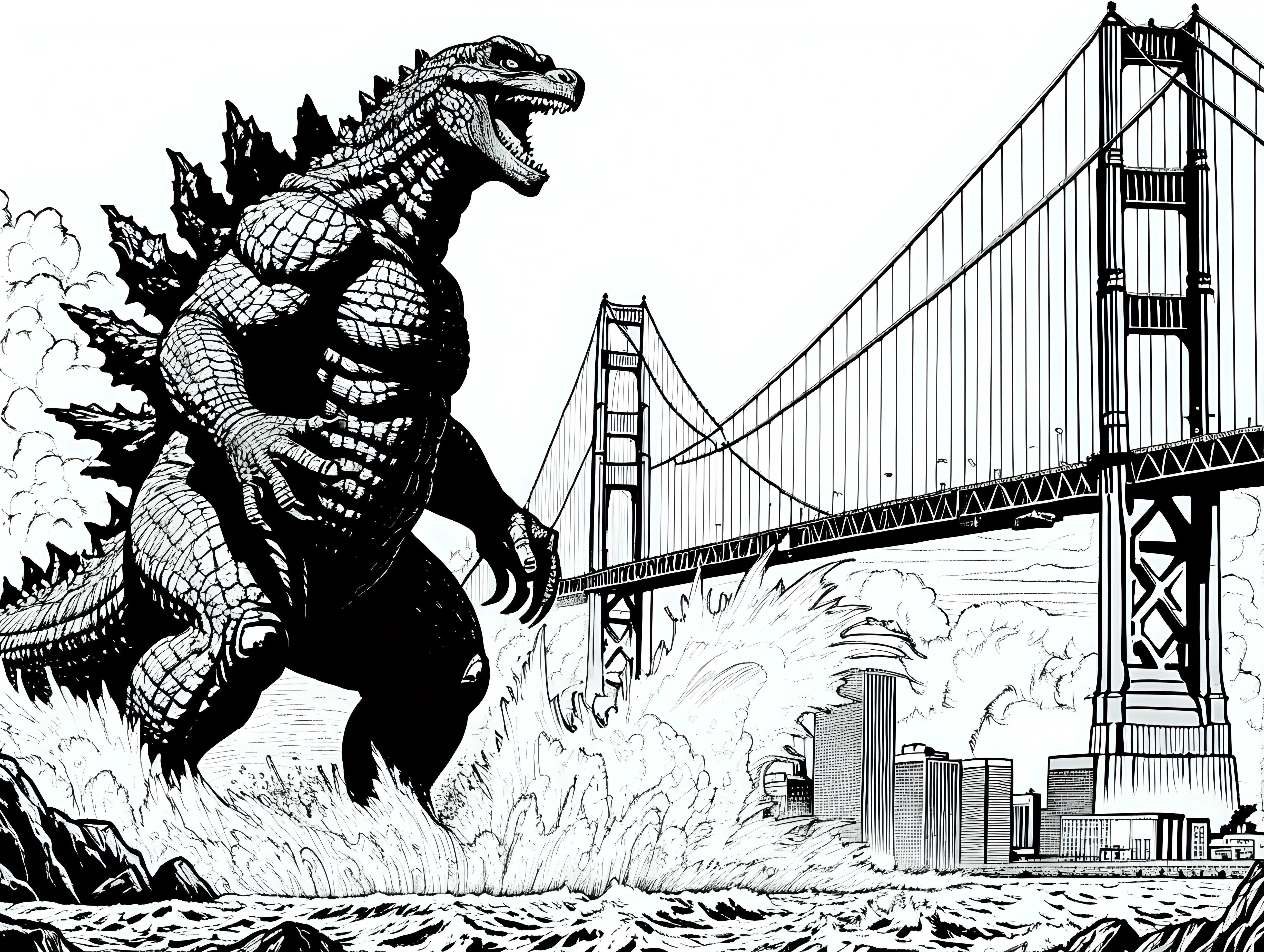 Godzilla ink line art. Comic book style. Godzilla destroying a city. Approaching the Golden Gate Bridge