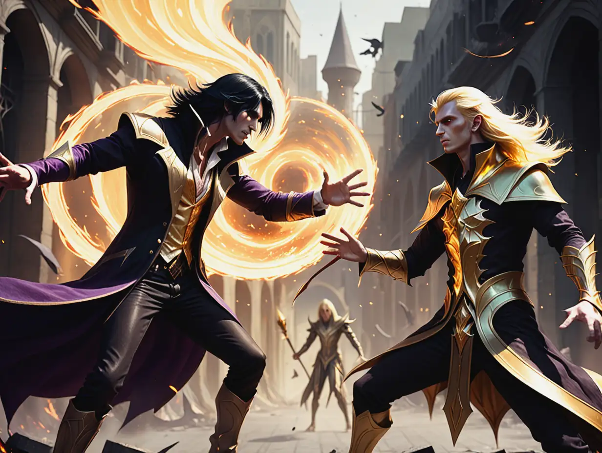 Epic-Battle-BlackHaired-Human-Magician-vs-GoldenHaired-Light-Elf-in-a-Scorched-City