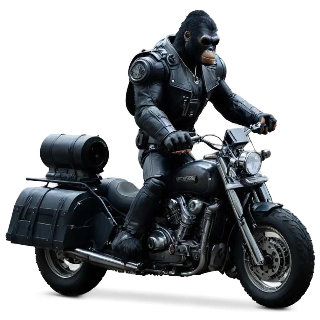 terminator II style gorilla with a machine gun on a motorbike 