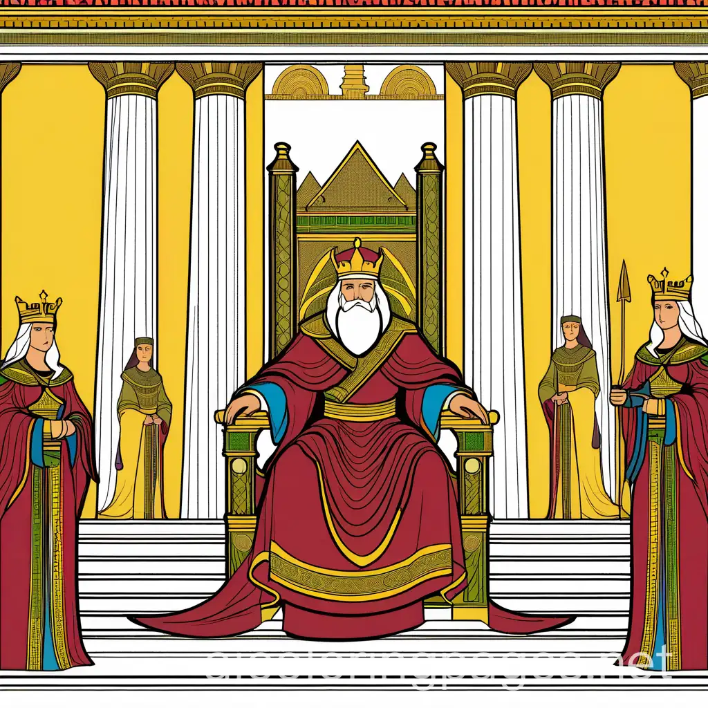Create an illustration of King Solomon's wise judgment scene. King Solomon is sitting on a majestic throne decorated with golden motifs, located in a palace hall with marble columns and red velvet curtains. Solomon, wearing a purple and gold royal robe and a crown, has a serene and wise expression. Two women stand in front of him, one on the left and one on the right, both with worried expressions. The woman on the left wears a blue tunic and the woman on the right wears a green tunic. One woman holds a calm baby wrapped in a white blanket. Two guards stand beside Solomon's throne, dressed in armor and holding spears. Additionally, one or two assistants are near the throne, holding scrolls or standing with crossed hands. The background features the palace's decorative columns and curtains, creating an atmosphere of royalty and justice. The focal point is Solomon on his throne, with the women positioned symmetrically on either side. Use rich colors like gold and red for the royal elements and softer colors for the women's and baby's clothing. The style should be realistic and detailed, emphasizing the solemnity and wisdom of the scene, Coloring Page, black and white, line art, white background, Simplicity, Ample White Space.