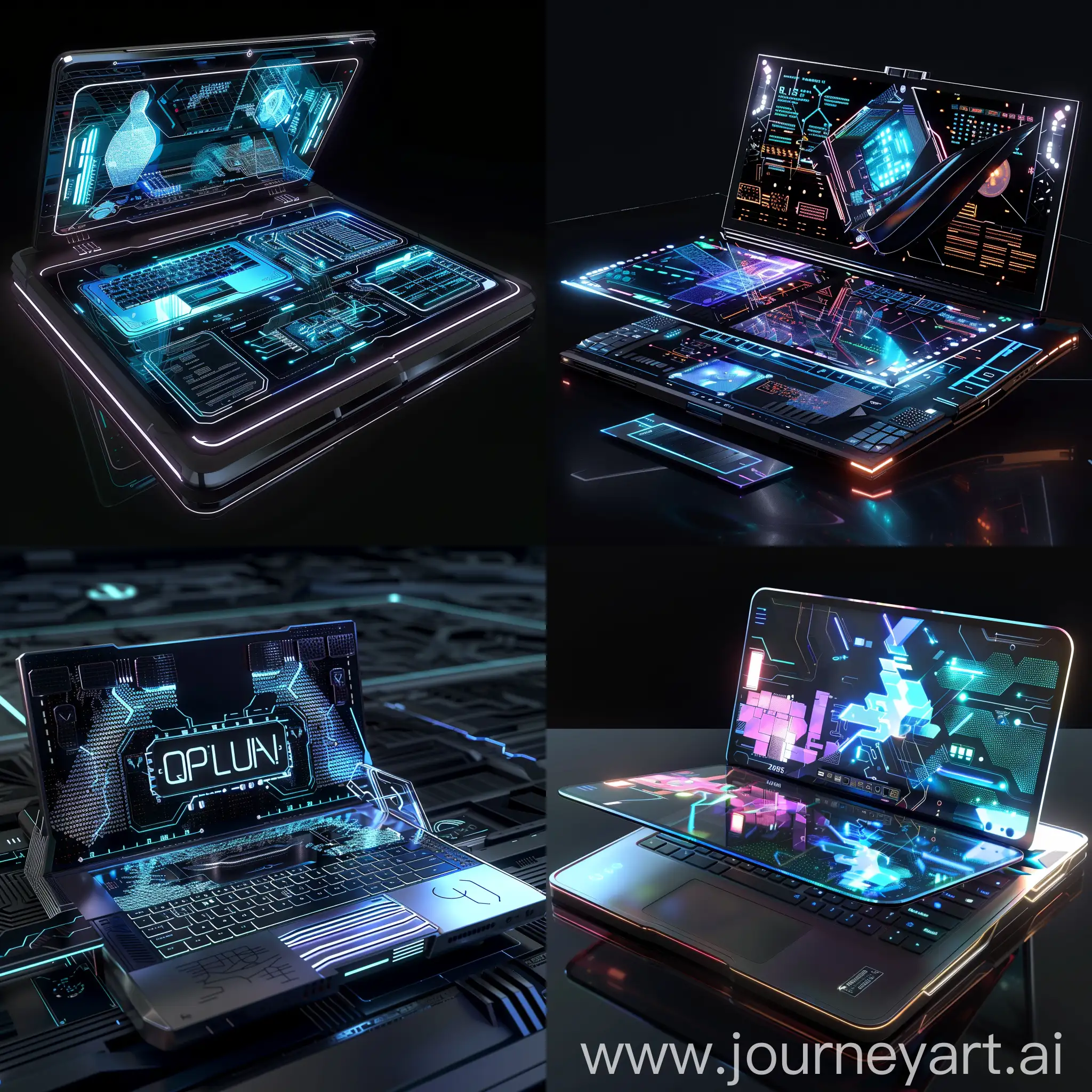 Futuristic laptop, in futuristic style, Quantum Processing Units (QPUs), Graphene-based Transistors, 3D Chip Stacking, Optical Data Transfer, Neuromorphic Computing, Solid-State Batteries, Integrated Photovoltaic Cells, Flexible and Foldable Components, Advanced Thermal Management, Integrated AI Co-processors, Flexible and Foldable Displays, Holographic Displays, Transparent Screens, Touch-sensitive and Haptic Feedback Surfaces, Modular Design, Biometric Security Features, Voice and Gesture Control, Environmental Sensing and Adaptation, Self-Healing Materials, Integrated Solar Panels, 2045, unreal engine 5 --stylize 1000