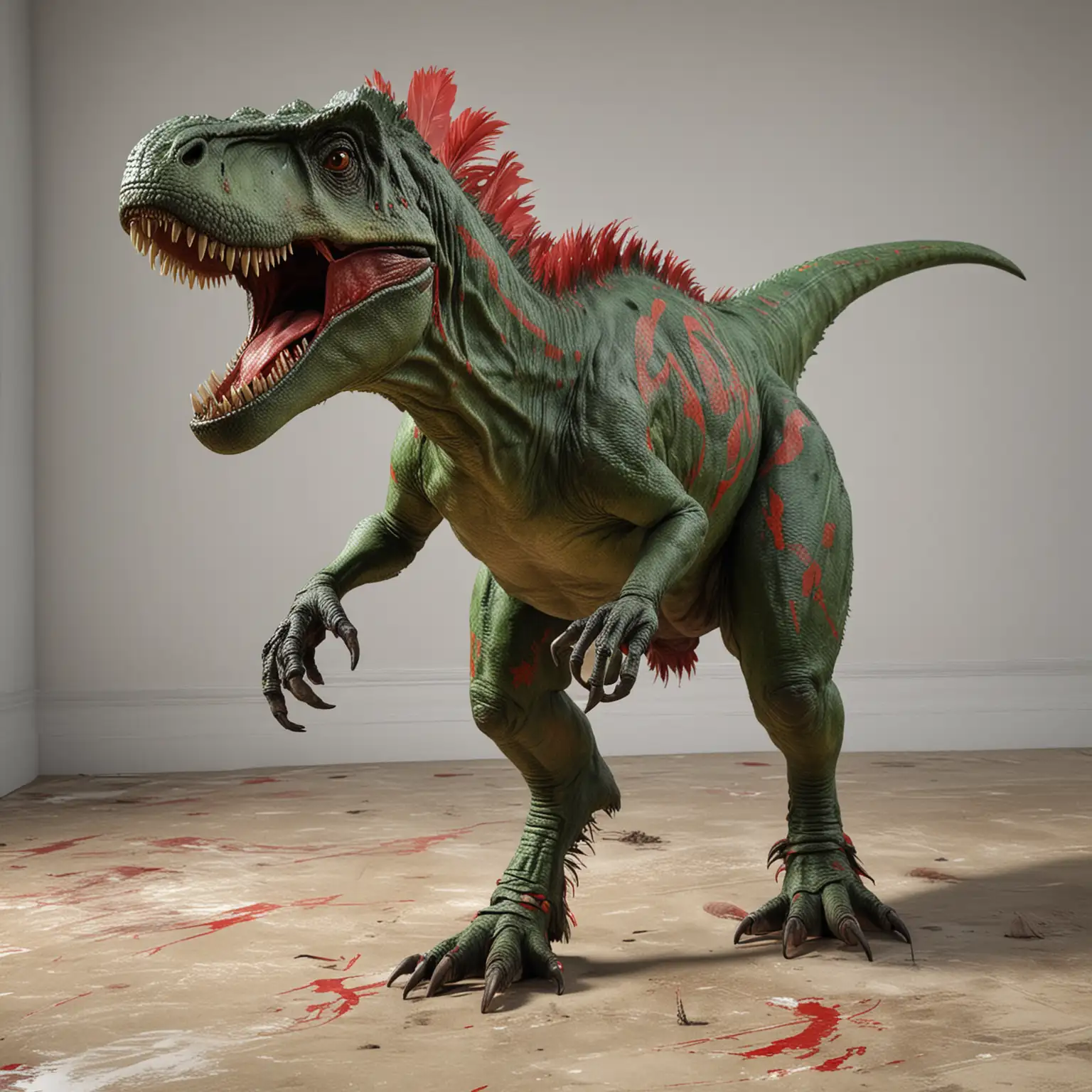 реалистичный зеленый хитрый Тиранозавр с перьями на голове и красными отметинами краски на морде в полный рост c задними лапами на полу
