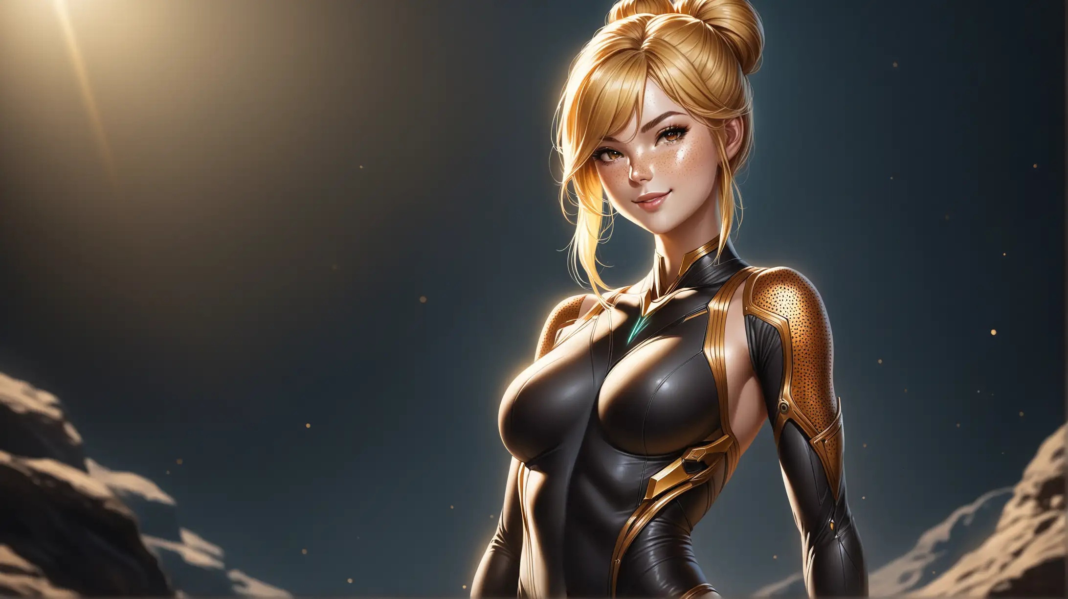 Draw a woman, long blonde hair in a bun, gold eyes, freckles, perky body, high quality, realistic, long shot, outdoors, dim lighting, outfit inspired from Warframe, seductive pose, smiling toward the viewer