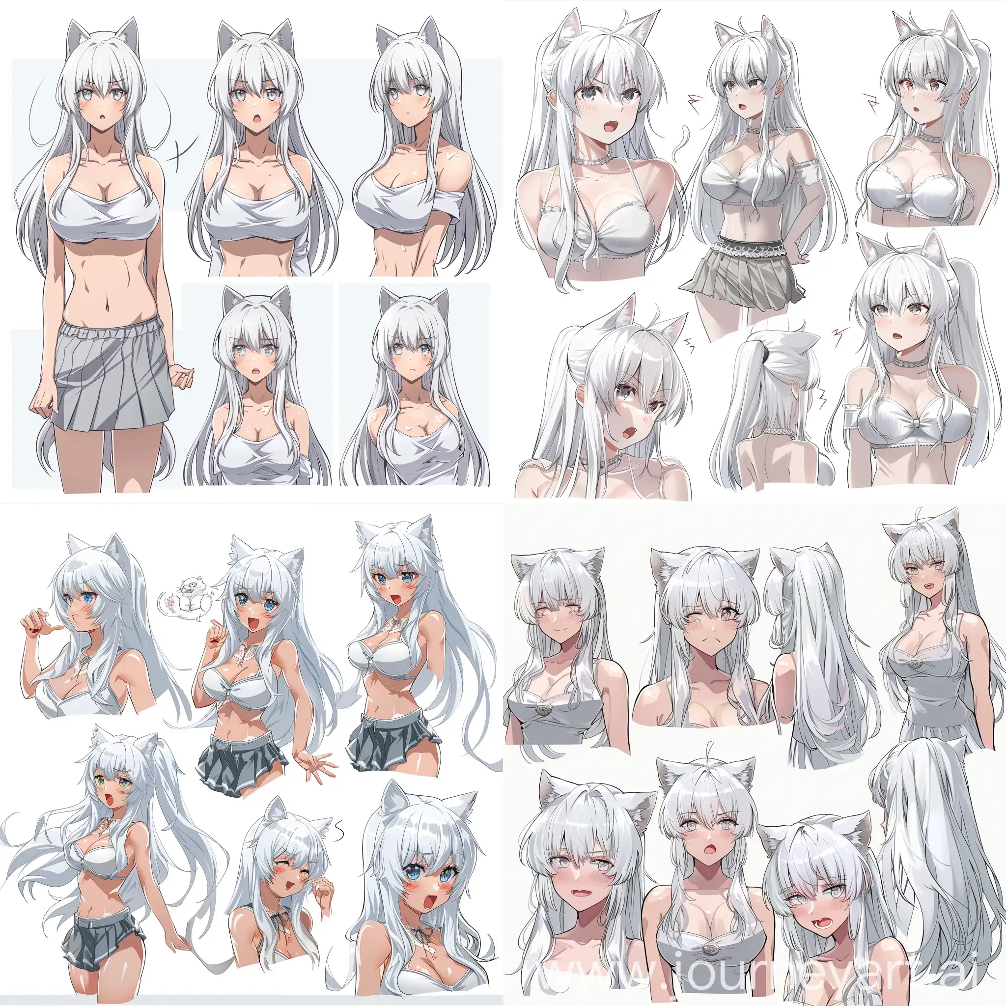 Anime-White-Cat-Girl-with-Long-Hair-in-Various-Emotions-and-Outfits