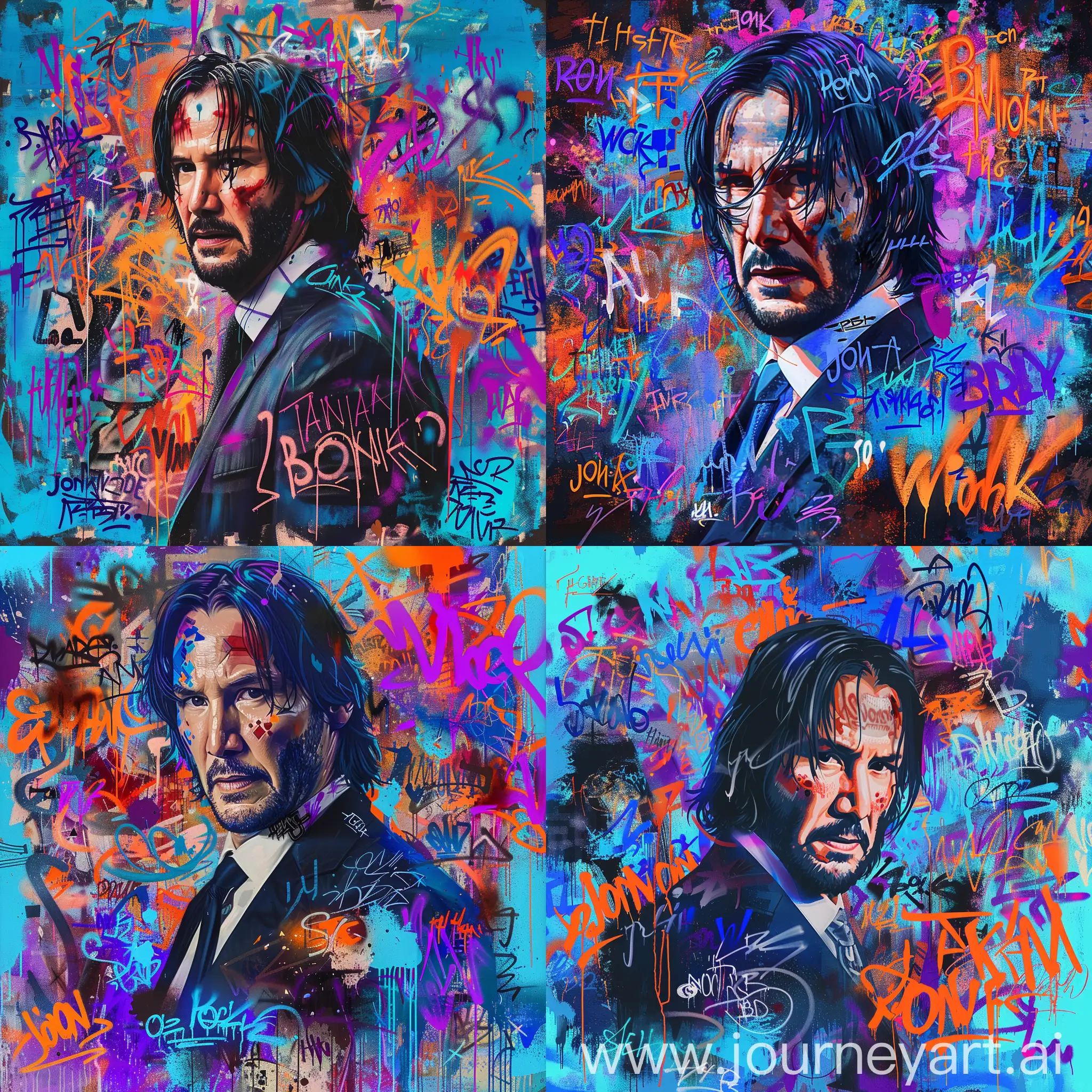 Create a stylized portrait with graffiti-like elements overlaying and surrounding john wick. The background and surrounding space should be filled with vibrant, expressive graffiti in colors such as blue, purple, orange, and red. Include various words and tags written in different styles Emulate the dynamic and energetic feel of street art while combining it with the formality of a portrait to contrast with the colorful content. --c 5