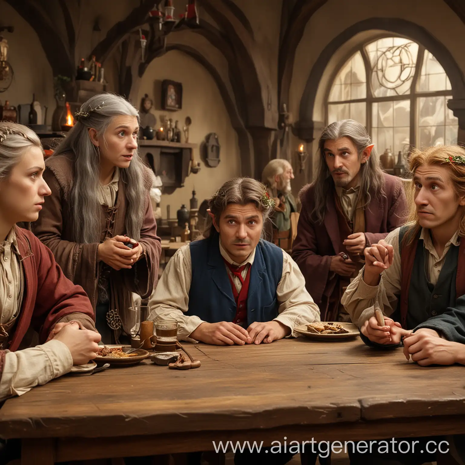 mousewoman, jesus, bilbo baggins, igor nikolaev, slim woman, displeased man and man with disapproving look are sitting at the long table and argueing