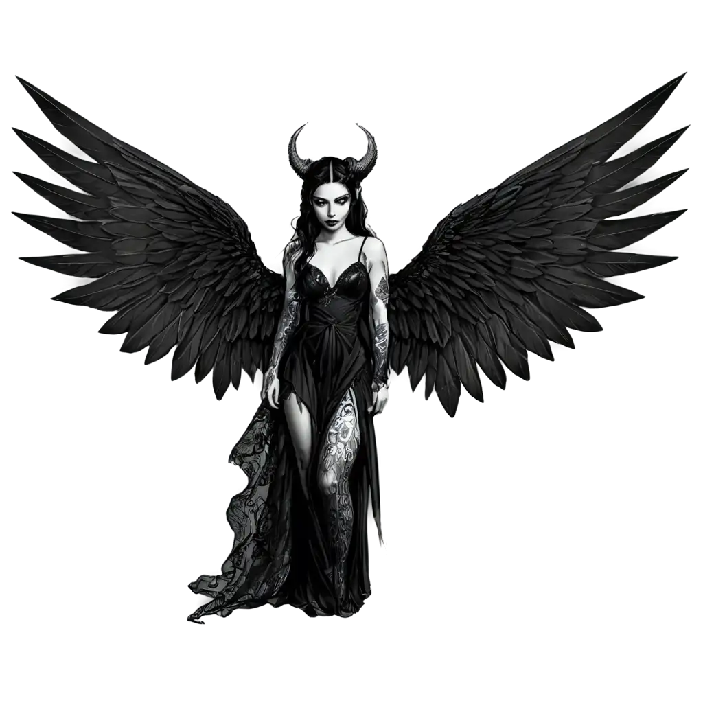 Goth-Girl-with-Wings-and-Horns-Tattoo-Art-Sketch-Stunning-PNG-Image-for-Online-Platforms