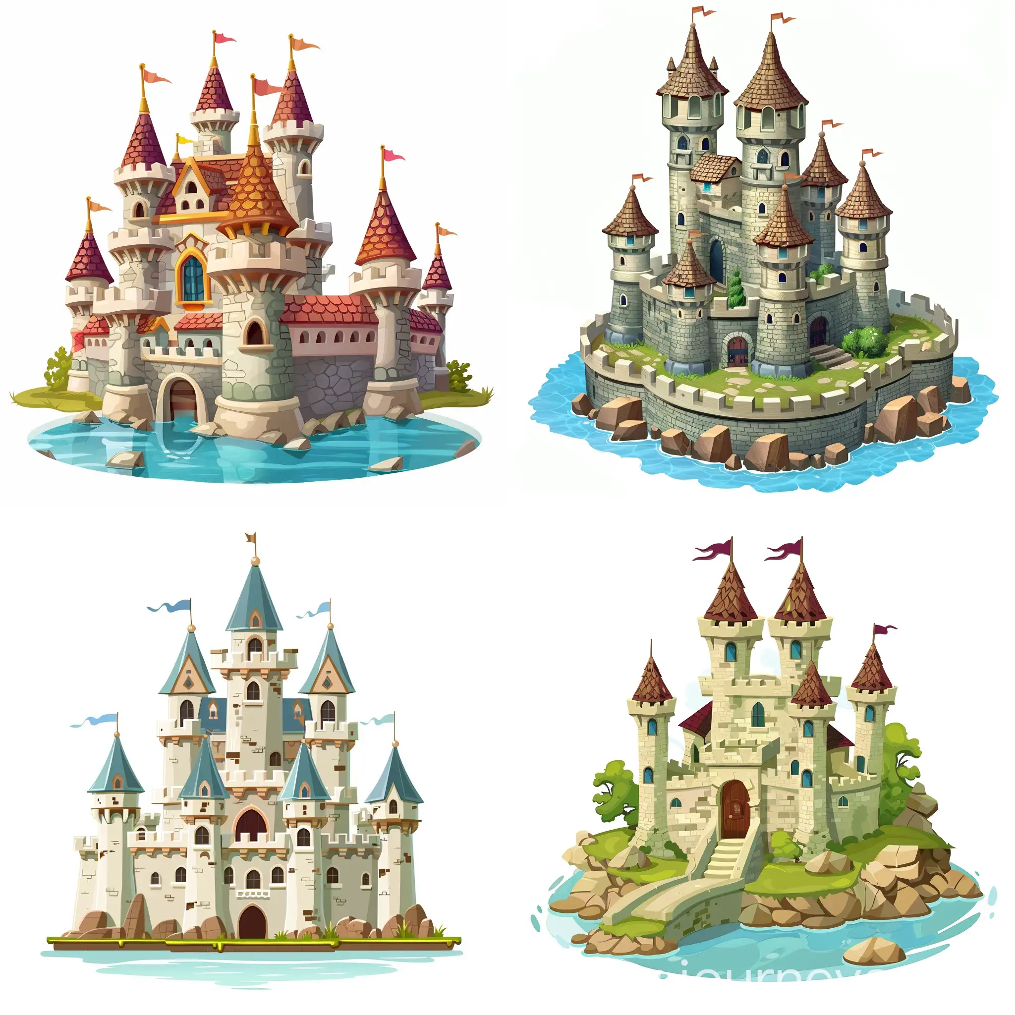 cartoon castle on a white background, moat with water around the castle , castle for mobile game
