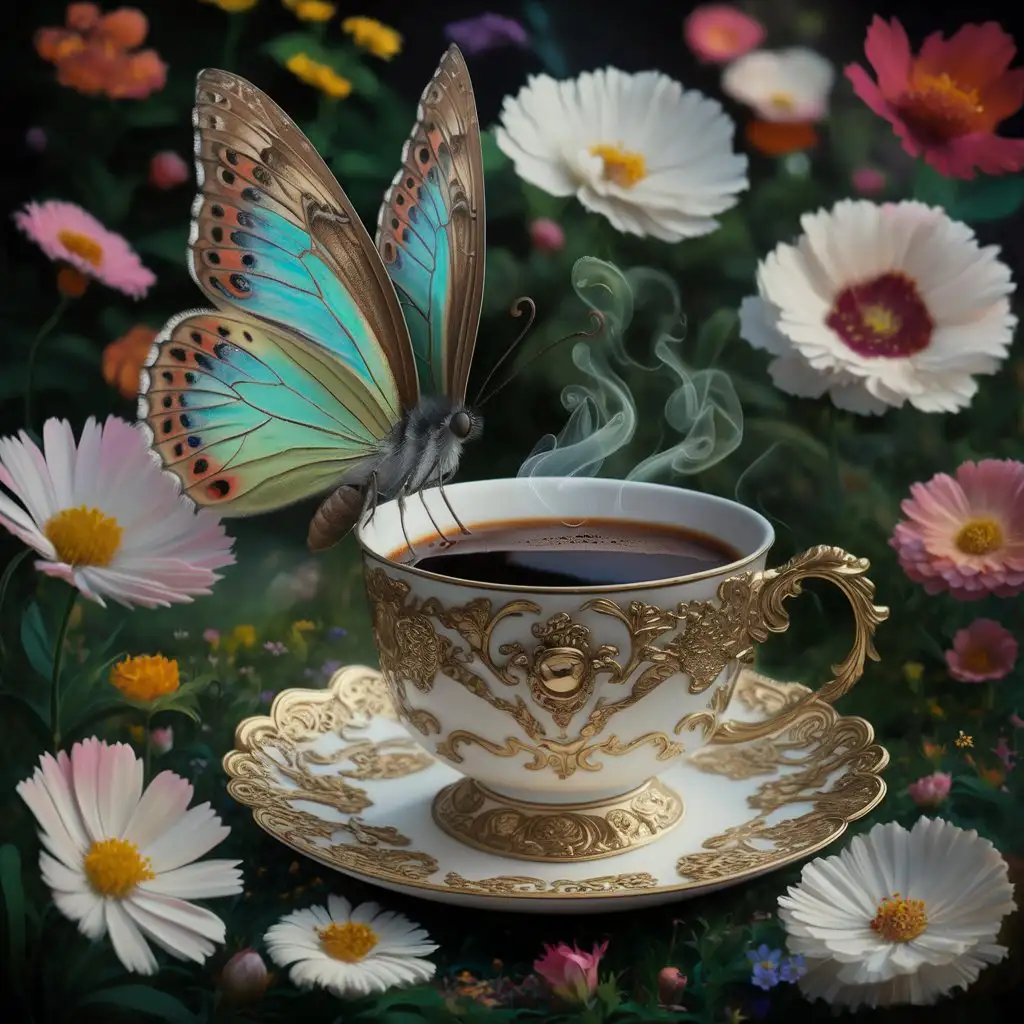 A realistic, beautiful image with elements of magic and fantasy from the Victorian era. The focal point of the image is a large, beautiful colorful butterfly with delicate, detailed wings. The butterfly is surrounded by beautiful, diverse flowers in full bloom. Next to the butterfly is an ornate Victorian-style cup of coffee, with steaming coffee inside. The whole scene exudes a magical atmosphere, full of fantasy and beauty from the Victorian era