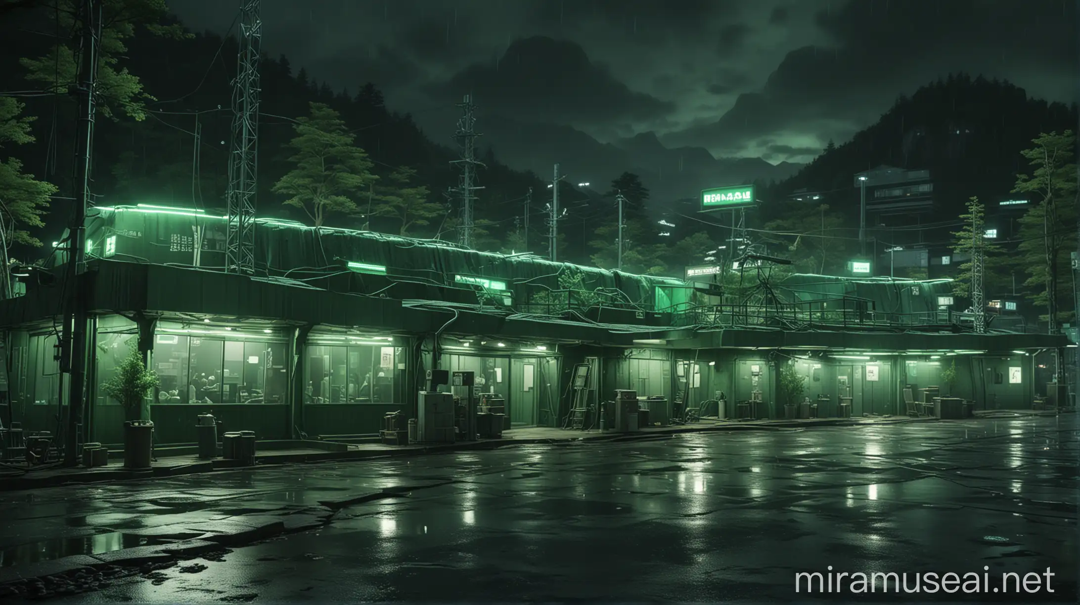 Realistic Japanese research centers buildings with one worker around it, green neon and huge neon lights inside the part, its color shadow on the floor, Rainy weather, staff in dark green uniforms and helmets, Atmospheric and cinematic, The huge structures, A dark green smoke rose from the research centers environment and spread in the air, The image space is outside the realistic research center.
with huge satellite antennas,
A huge cubic green neon object,
in the Realistic mountains.
atmospheric and cinematic.
All overall dark green image theme.
Very big lights and lots of green neon lights.
The neon lights in the image should be very bright throughout the image.
The neon lights in the picture should be very bright in the dark
The neon lights in the picture should be very bright.
Very large and bright neon lamps in the structure.
Shades of green throughout the image.
3D.
Several large advanced and strange buildings nearby.
With large inscriptions on the structure.
Like Japanese sloping houses.
In the forest.