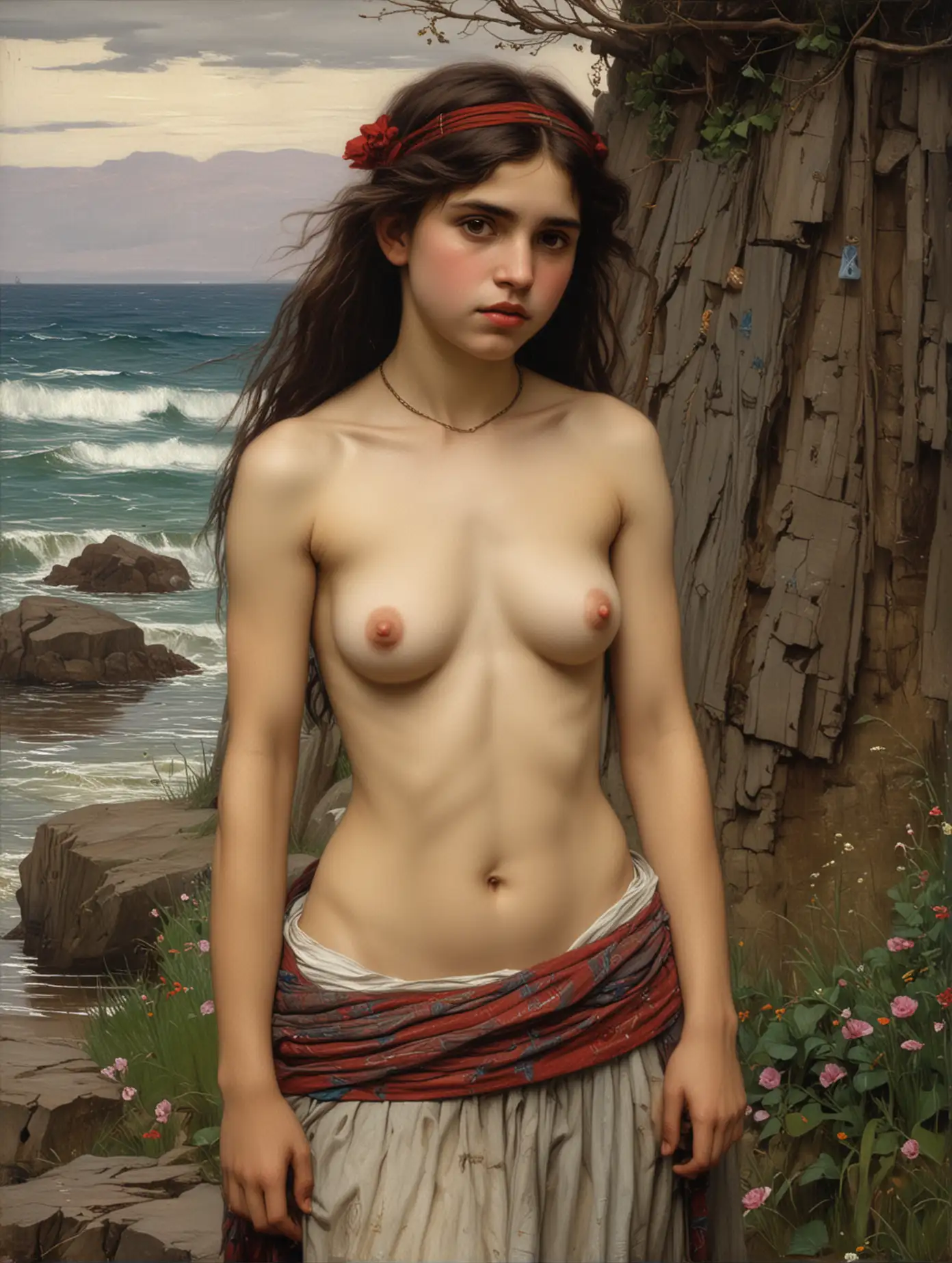 JOHN WILLIAM WATERHOUSE painting of young topless gypsy girl.