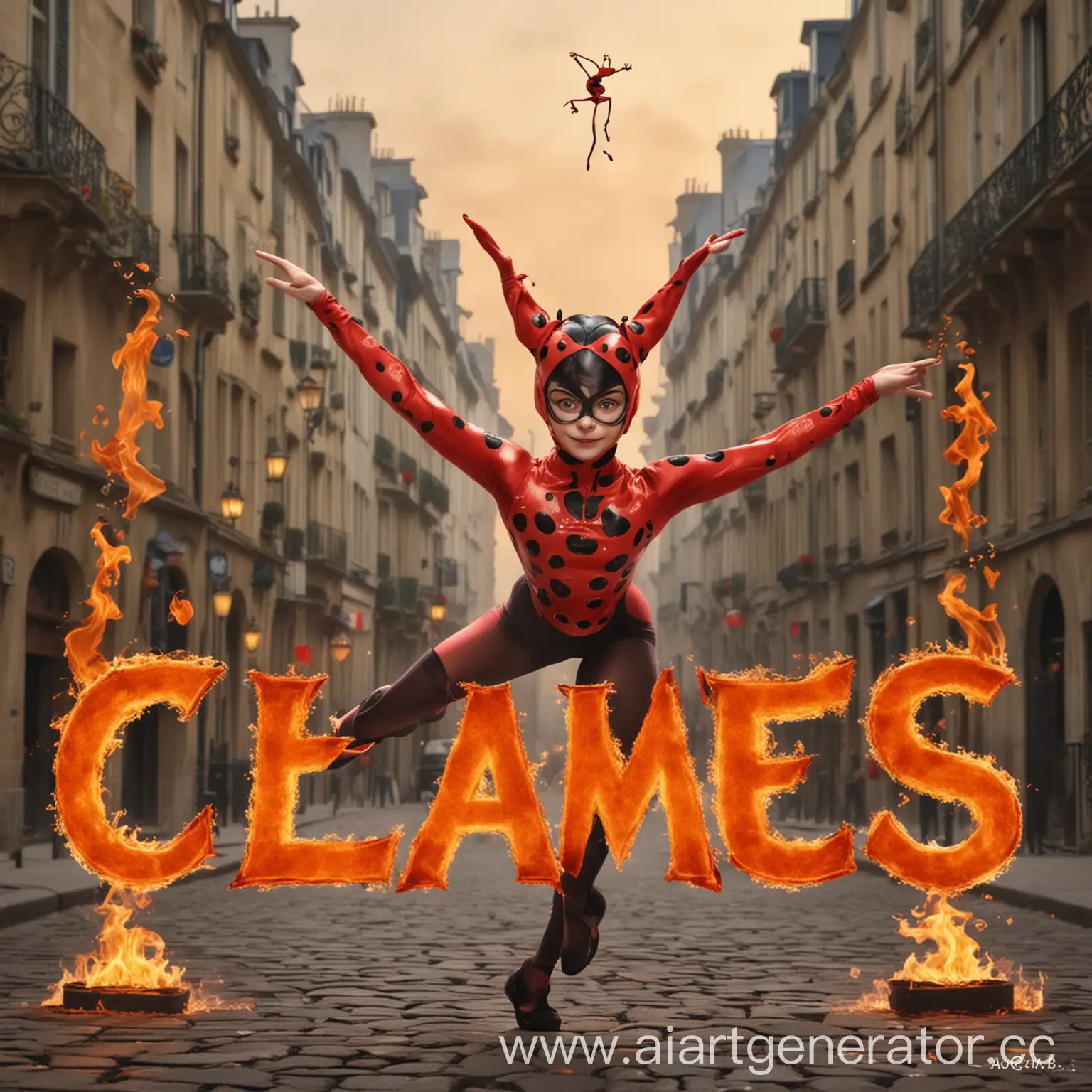 сгенирируй картинку с названием логотипа THE FLAMES OF PARIS  c изображением леди баг и супер кота  и с использованием гимнастики акробатики