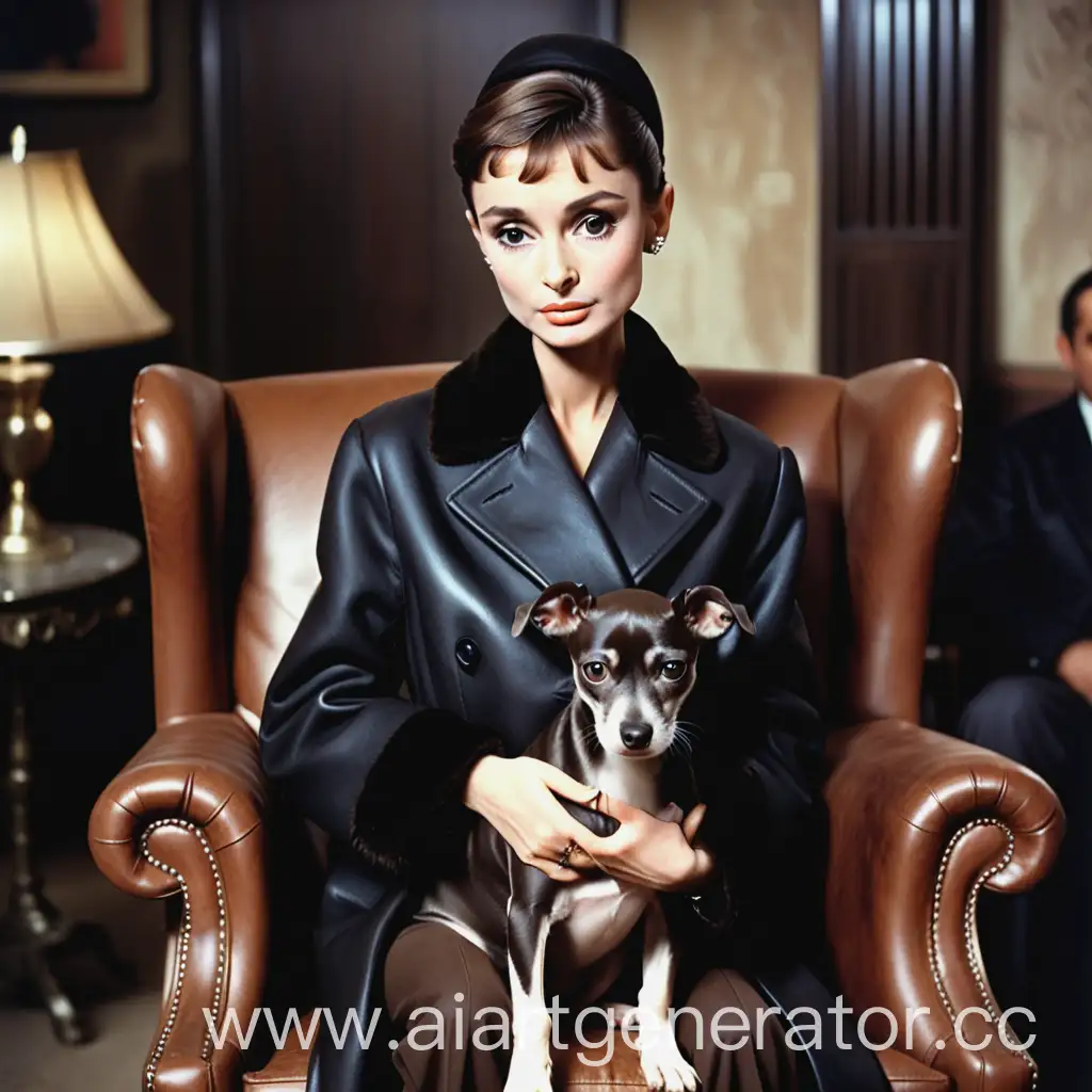 the godfather, audrey hepburn holding dog wear elegant black coat, sitting on  brown leather  single chair sofa, looking at audience with sharp eyes, serious expression, no smile, 