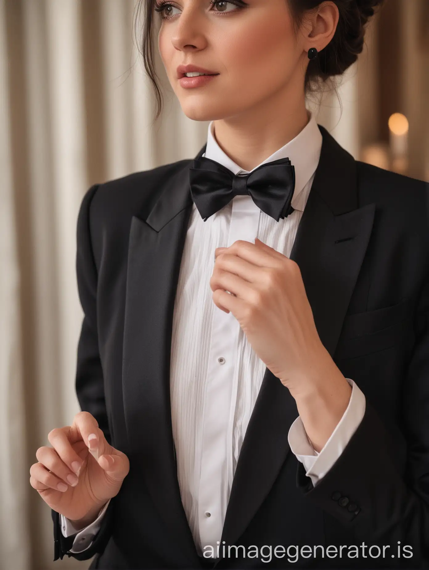 Woman body part, wearing a tuxedo with a black bow tie, hand adjust a black bow tie at the neck. She is at a dinner table.