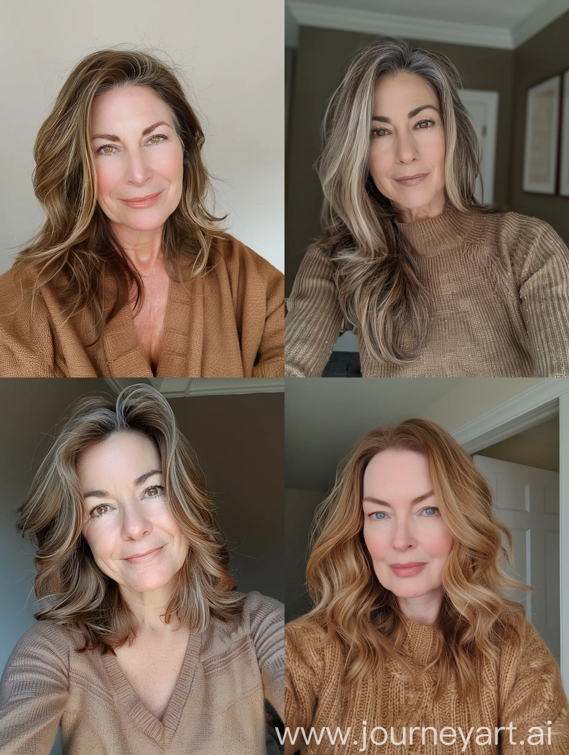 Aesthetic instagram selfie of a Middle School teacher, super model face, woman, mid 40's, soft brown clothing color tones--ar 9:16