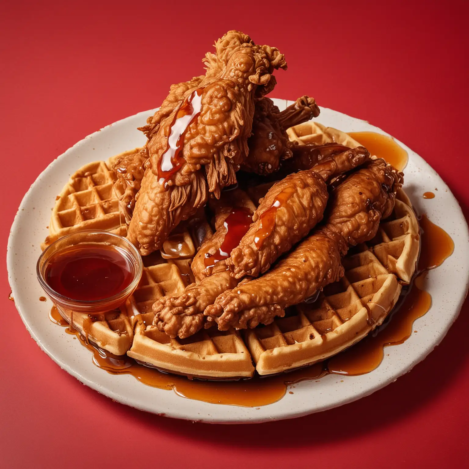 Delicious Waffles and Crispy Fried Chicken Wings with Syrup on Red Background