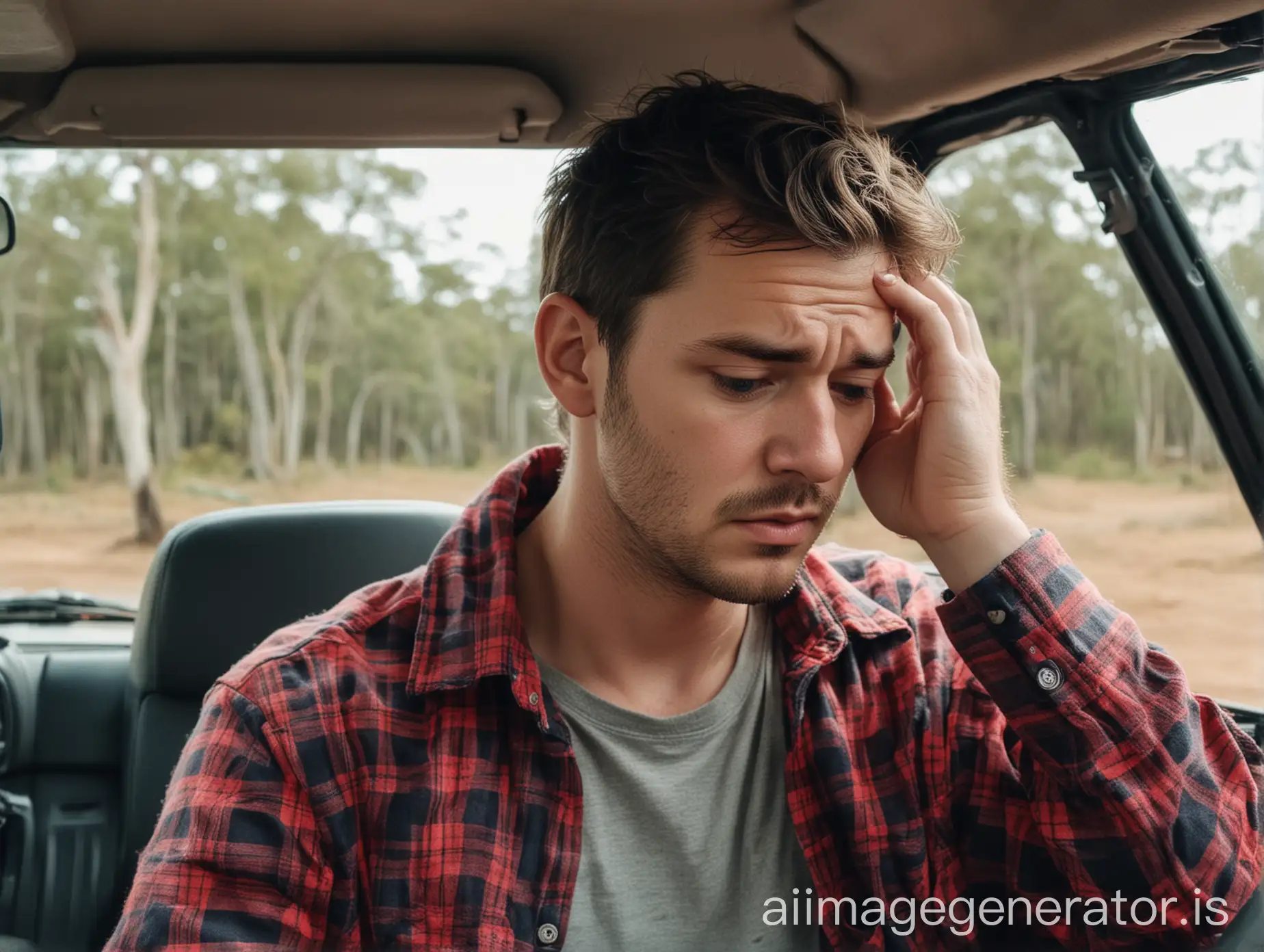 panoramic photo of a sad problematic australian plumber holding his forehead, sitting in thr front seat of a 
ford ranger, looking down, wearing a flannel top, clean cut hair