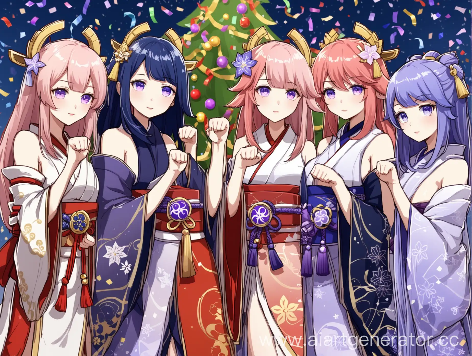 4girls, standing next to each other, new year, christmas tree, a lot of gifts, detailer:0.5 1girl, raiden shogun \(genshin impact\), purple hair, new year's costume 1girl, yae miko, pink hair, , sangonomiya kokomi,Kujou Sara, Yae Miko, genshin impact, alternate costume, melanbread, sorimachi-doufu, paw pose, beautiful eyes, glitter, confetti