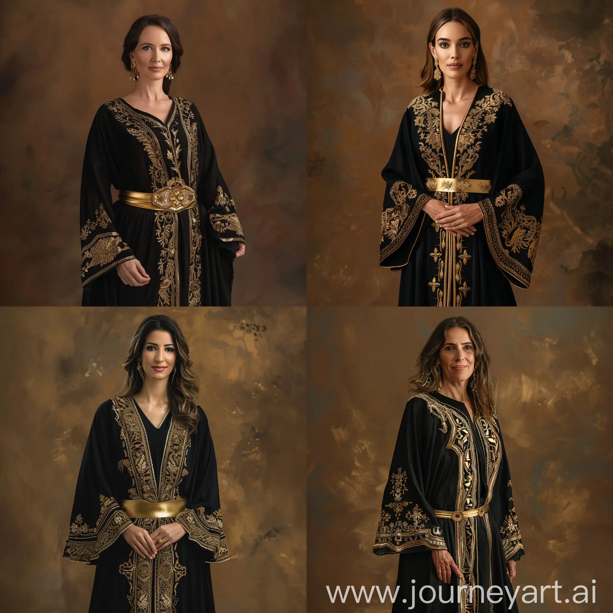 make image,  a 30 years old woman dressed in an elegant black Moroccan Caftan with detailed gold embroidery, Gold waist belt, brown background, studio lighting