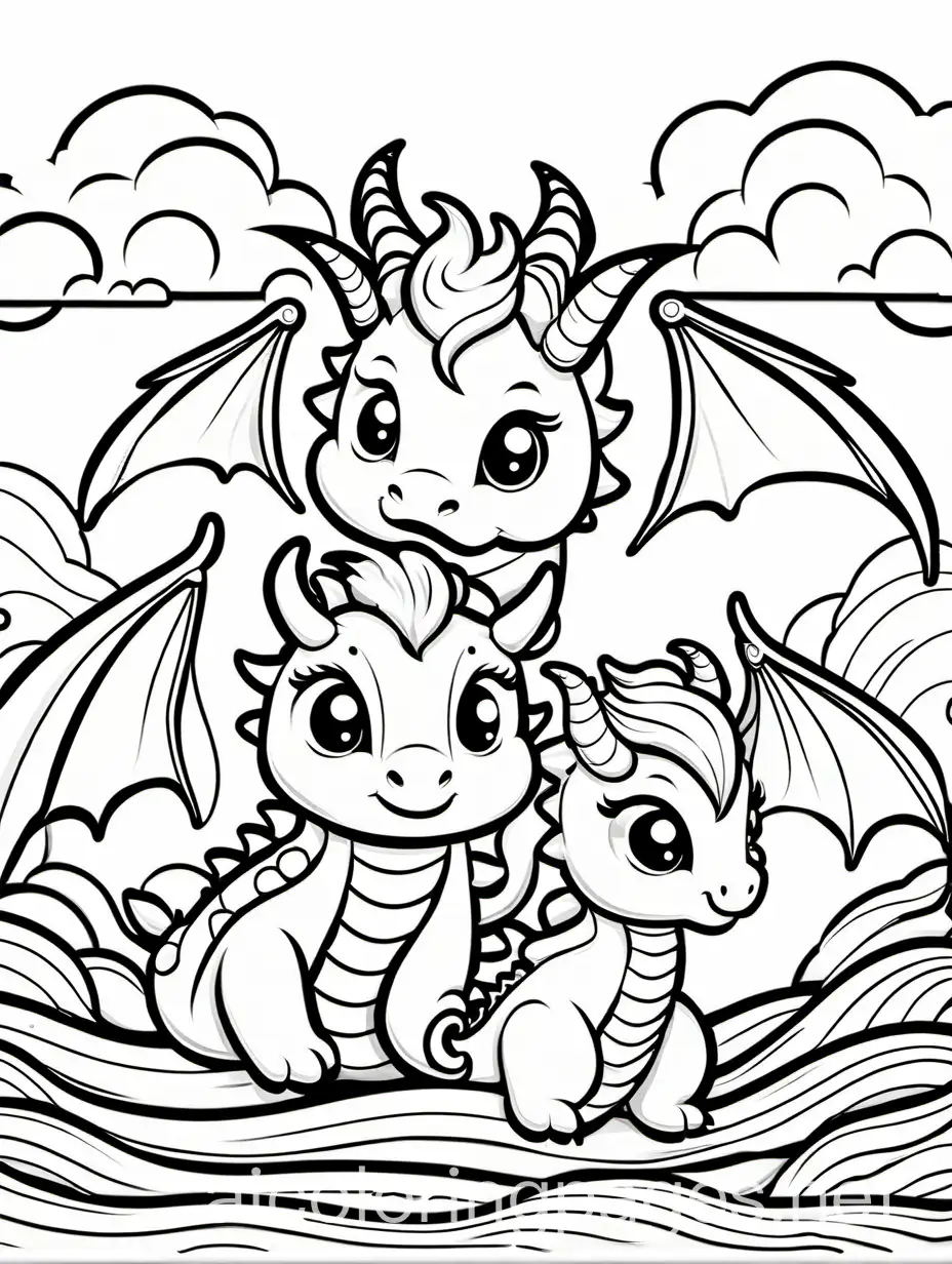 simple kawaii style dragons for colouring in, Coloring Page, black and white, line art, white background, Simplicity, Ample White Space. The background of the coloring page is plain white to make it easy for young children to color within the lines. The outlines of all the subjects are easy to distinguish, making it simple for kids to color without too much difficulty