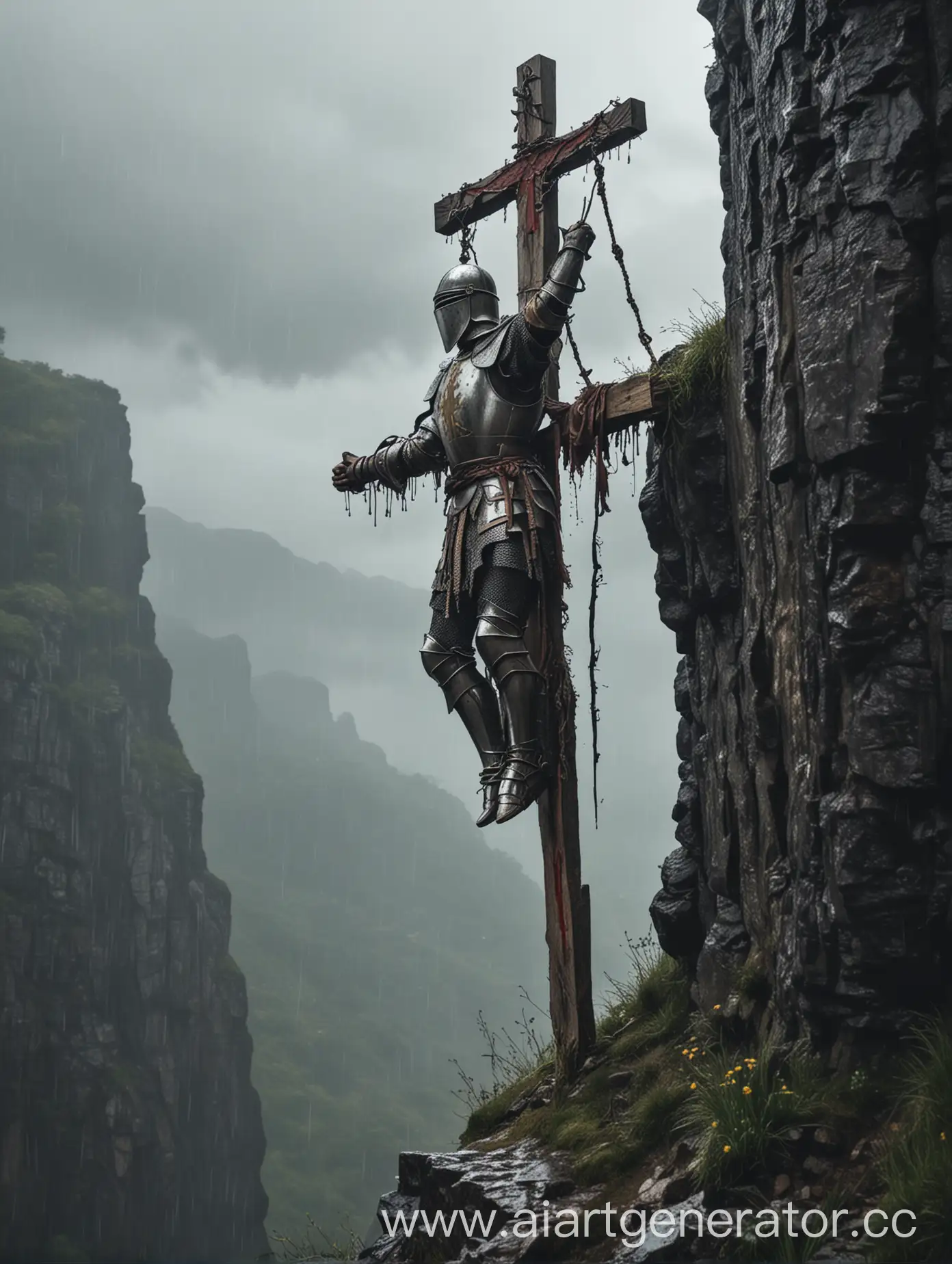 Рыцарь повешен на кресте у обрыва скалы в дождливую погоду
