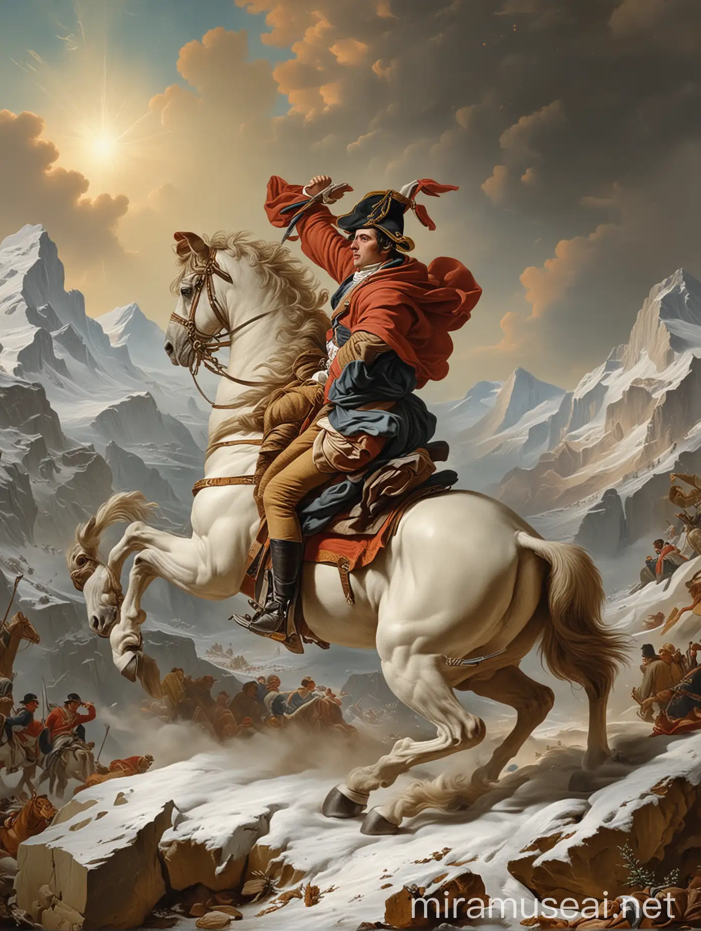 Highly detailed painting closely based on (("Napoleon Crossing The Alps" by Jacques-Louis David)), a ringed planet is in the sky, use muted colors only, high quality