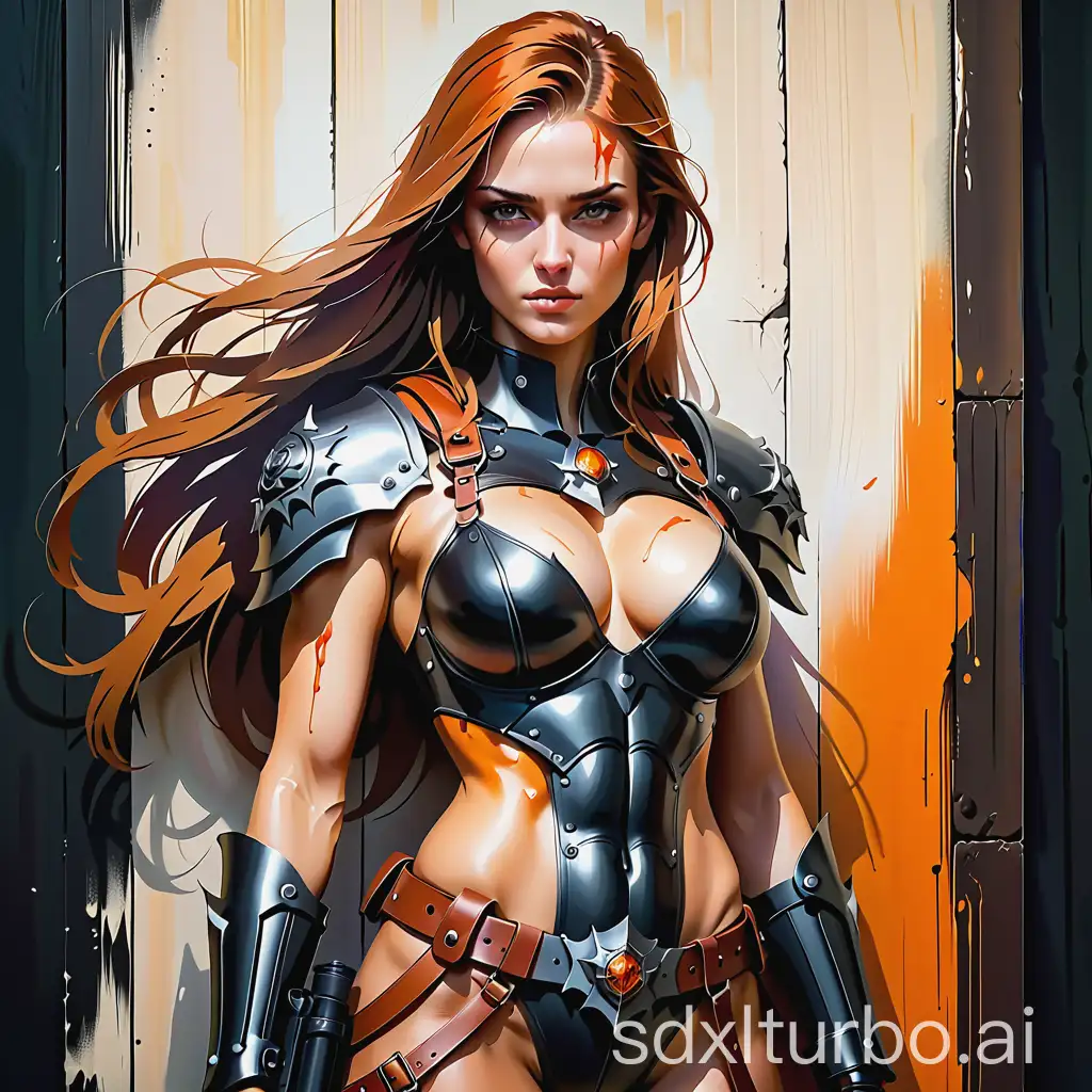 matte painting, expressionism, in the style of (russ mills) (anato finnstark) and tanya shatseva, half body painting of a tall muscular (middle-aged female mercenary), tough, battle-tested, with bright orange shoulder-long hair, dark brown eyes, facial (wrinkles) around her eyes, subtle smile, strong facial expression, bruises and (scars), wearing a (dirty) plate armor, wearing an emblem of a (black rose) on her chest, pouches at her belt, holding a fouchard/glefe/ in one hand, outdoor in front of a wooden wall, in the style of black and orange, brutal composition, dark, gloomy, intense dark tones, visually captivating, capture emotions of glimpse of hope in darkness and desparation captivating the viewer with the urge to act in desperation
