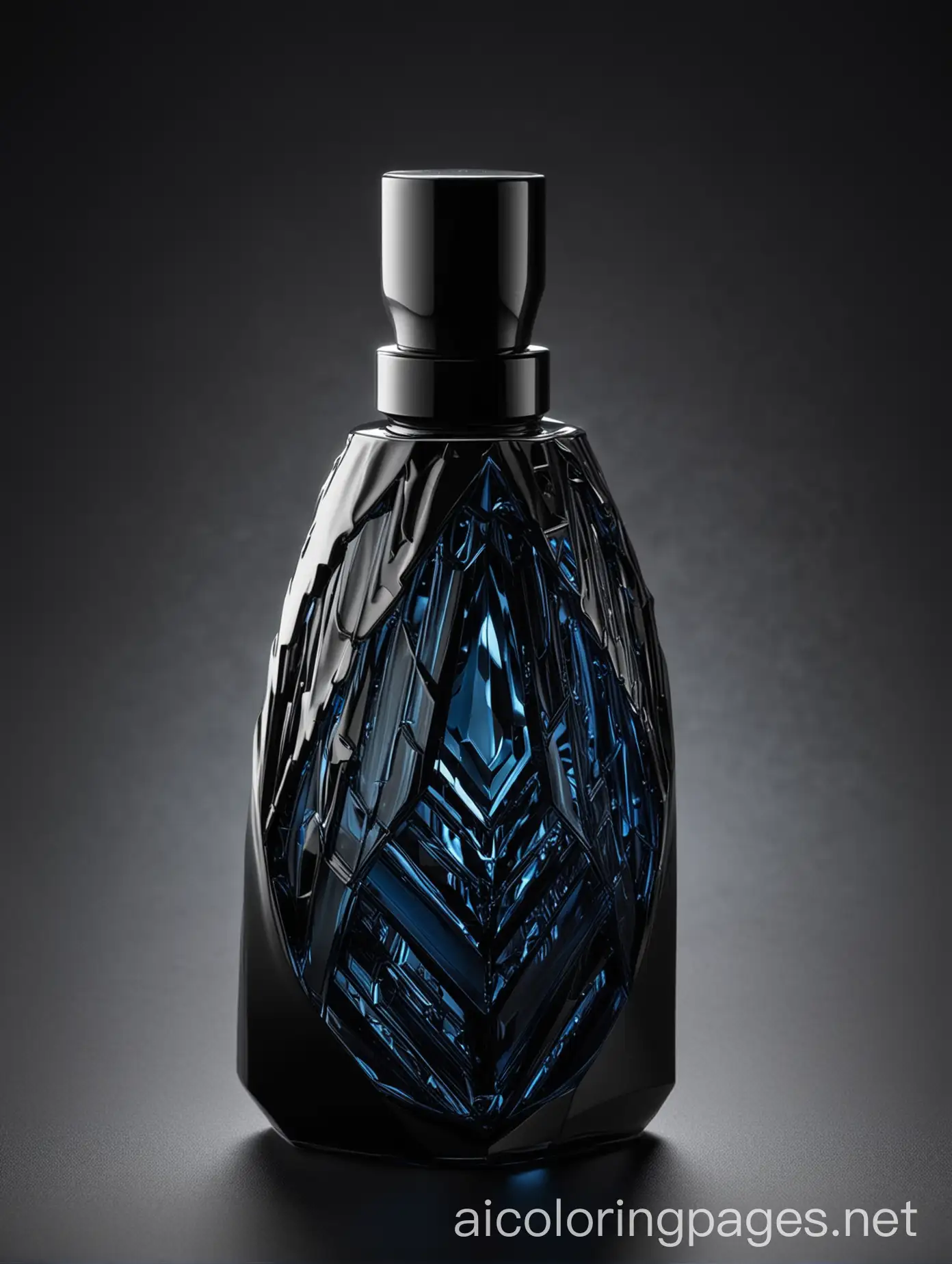 Design an image of a modern and eye-catching men's perfume bottle with a unique and striking appearance that grabs attention. The bottle should have a distinctive and unconventional design, such as a geometric shape or a futuristic design. It could be made of dark glass or colored with metallic hues like glossy black or dark blue with silver or chrome accents. The cap should have an innovative design and perhaps feature intricate metallic details.nPlace the bottle on a dark, elegant background with lighting that highlights its details and geometric shapes. You can add visual effects like a light beam or a subtle mist around the bottle to give it a magical and mysterious touch. Include surrounding elements such as metal pieces or neon lights to emphasize the bottle's modern and bold character.