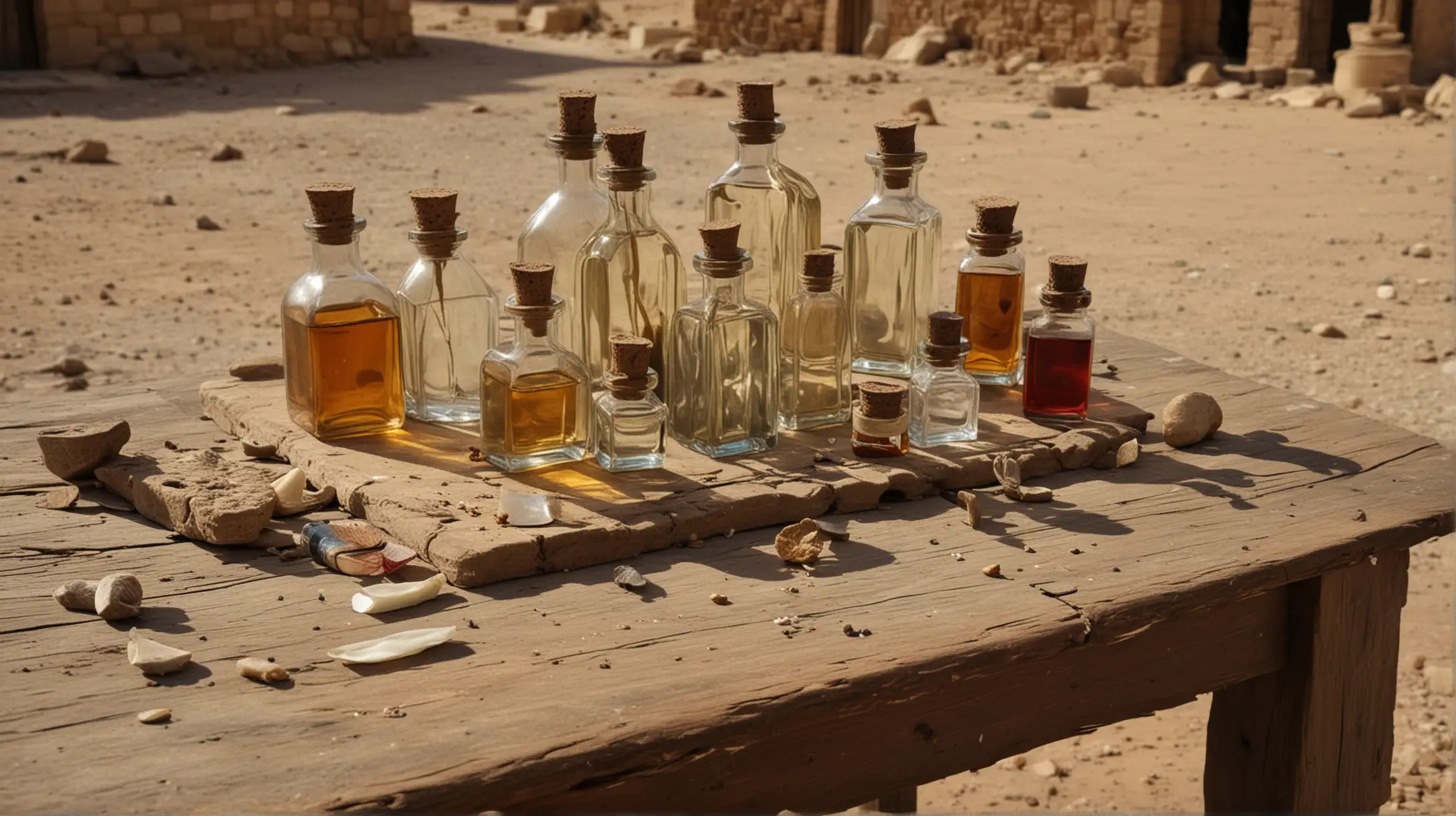 a close up of an old table, with some  bottles of perfume and some annointing oil set in a small desert  village scene, Set during the Era of the Biblical Moses.