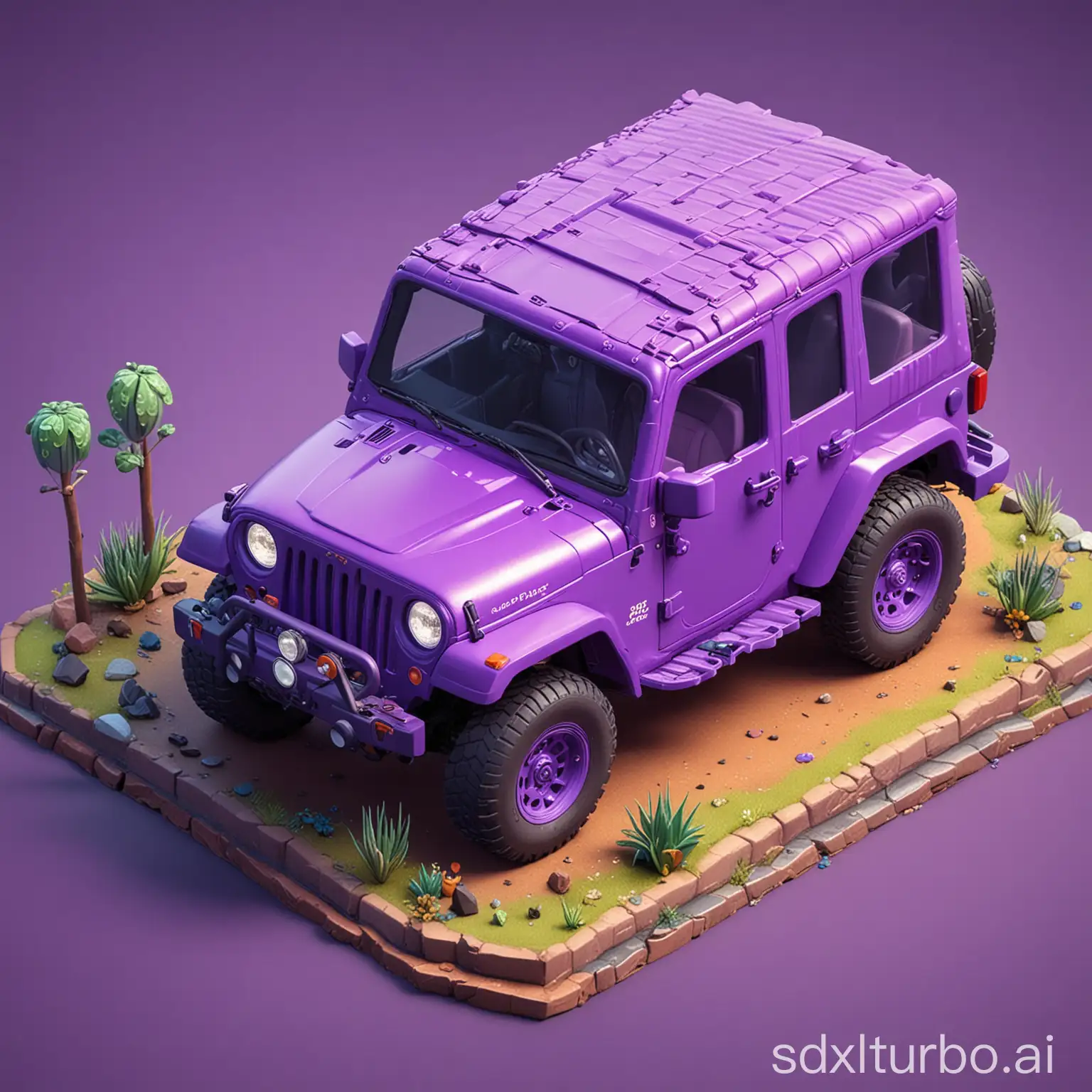 3d Pixar isometric beautiful purple jeep with someone inside
