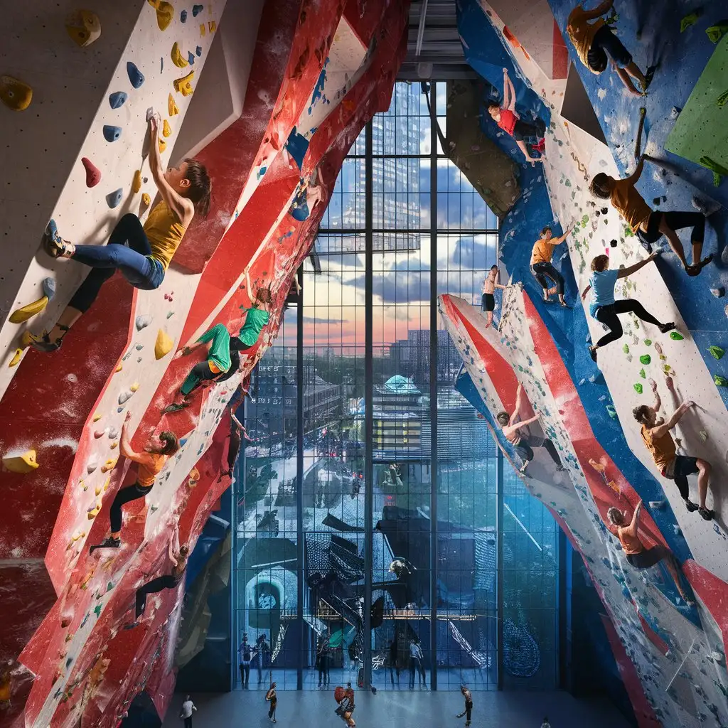 A high-energy indoor rock climbing gym with climbers scaling tall walls