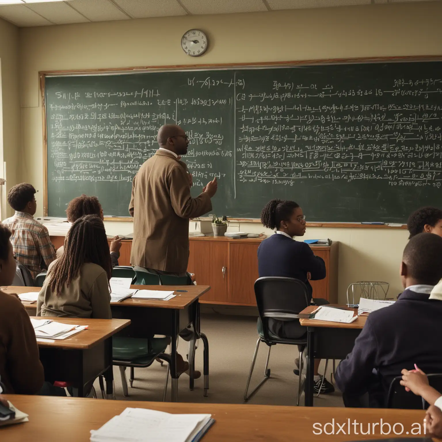 A group of diverse people studying in a classroom. The people are sitting at desks and listening to a professor who is standing at the front of the room. There is a blackboard behind the professor with equations written on it.
