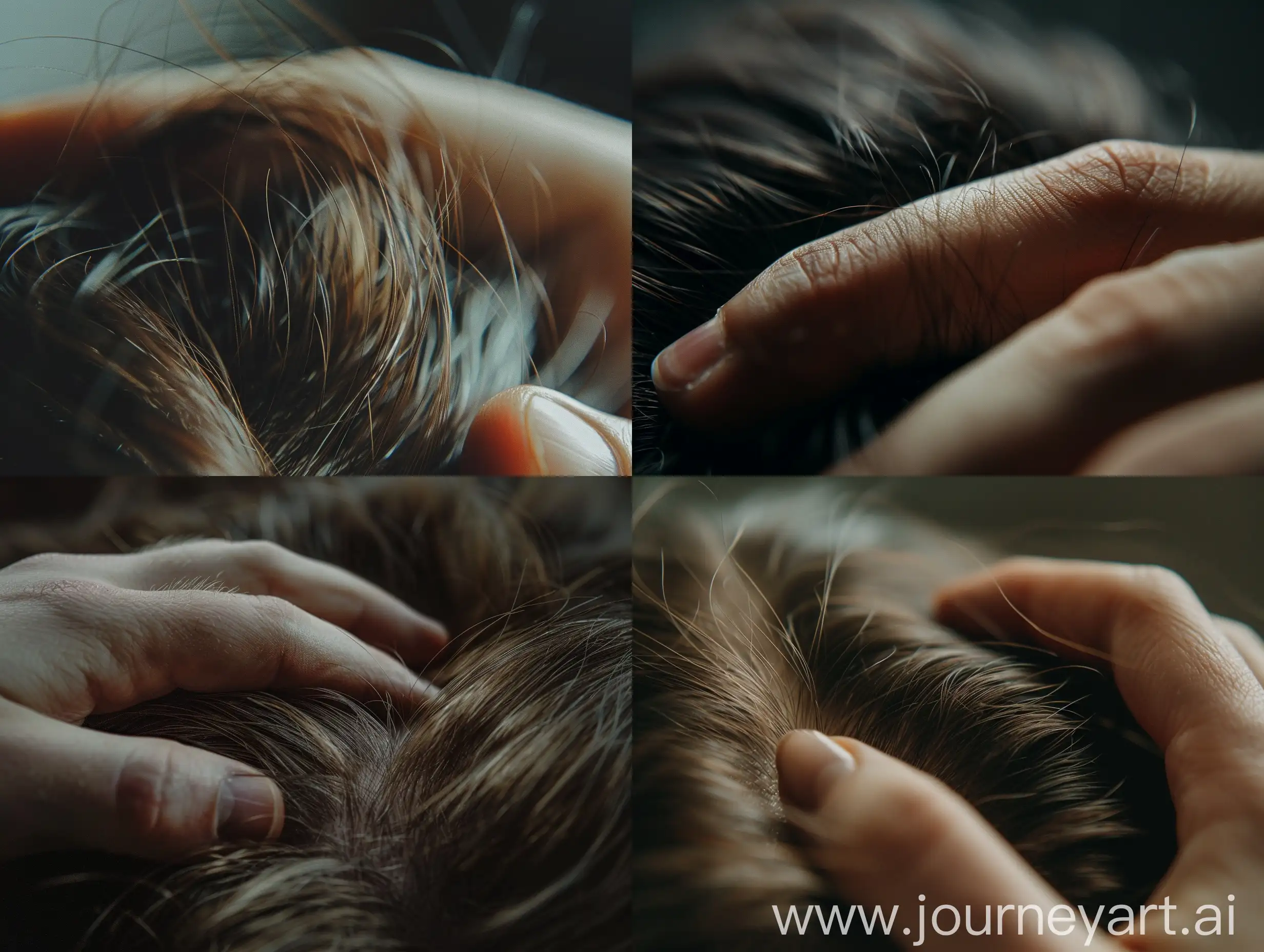 We see a close-up of a person’s hand gently touching their thinning hair. The focus is on the hand and hair, emphasizing the emotional connection. Camera Model: Arri Alexa Mini Shot Type: Close-up Lens Type: 50mm prime lens