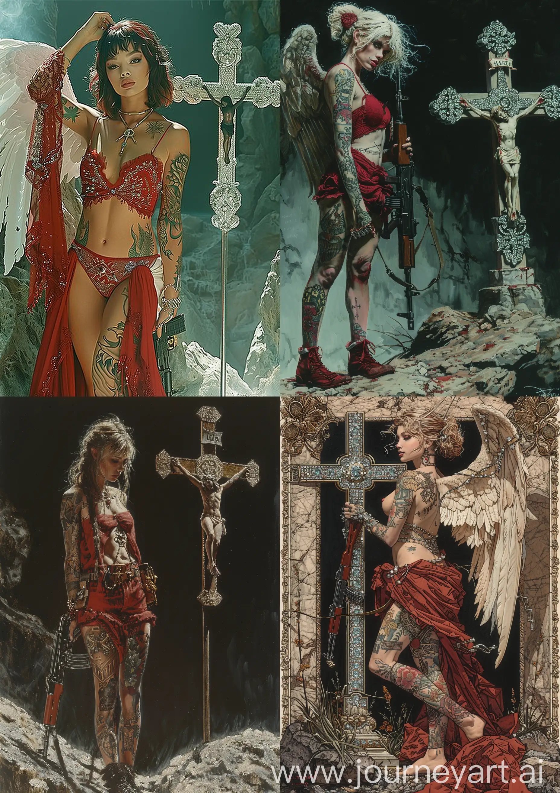 Gustav klimt oil painting of a tattooed female angel warriors standing next to a cross ornate in diamonds, wearing aesthetic  red clothes, holding a Kalashnikov, standing on a rock, high tones, cinematic pose, high detailed, full body —c 22 —s 750 —v 6.0 —ar 5:7