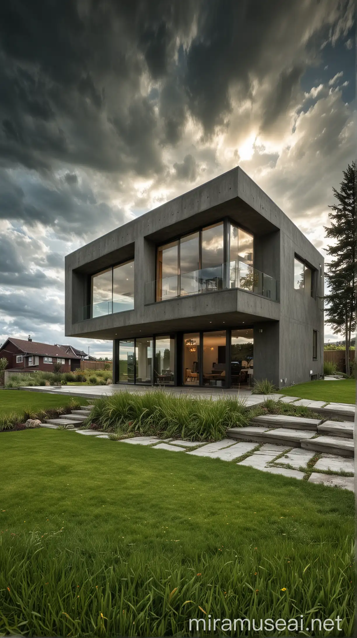 Bright Modern House Surrounded by Grassy Landscape Under a Cloudy Sky