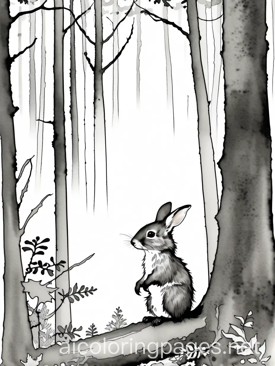 cute little animal in the woods, watercolor painting, Jean-Baptiste Monge, Coloring Page, black and white, line art, white background, Simplicity, Ample White Space