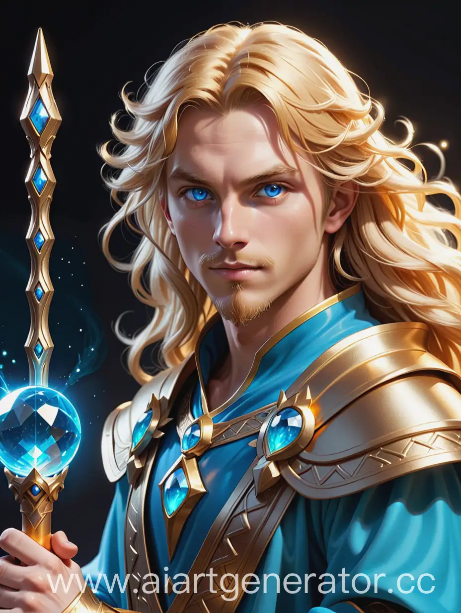 Generate an image of a wizard with blue eyes, golden hair, pearly skin. In one hand he will have a quartz battle staff with an azure sphere on the top.
He is 35 years old and without beard. He has an angelic appearance.